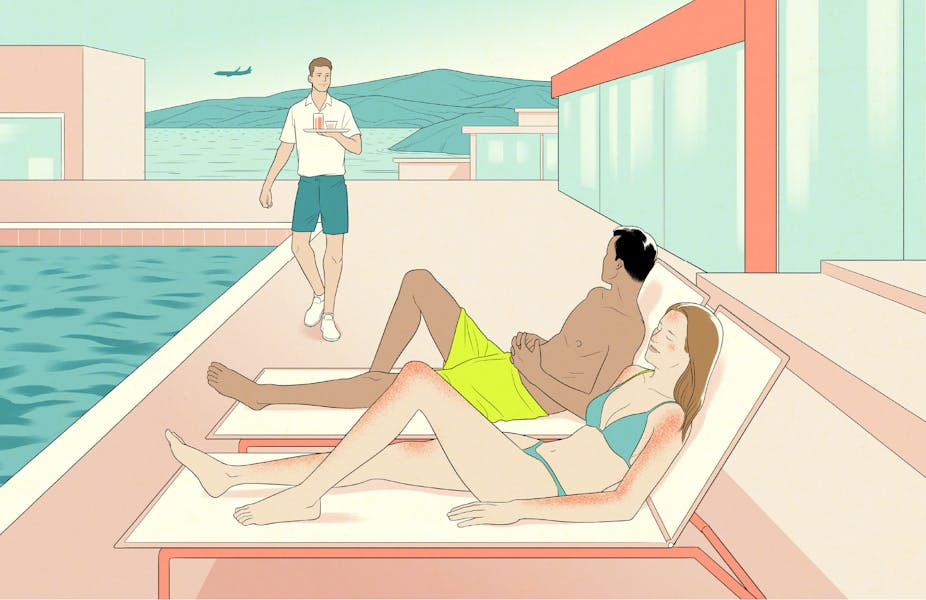 Illustration of two vacationers by the poolside
