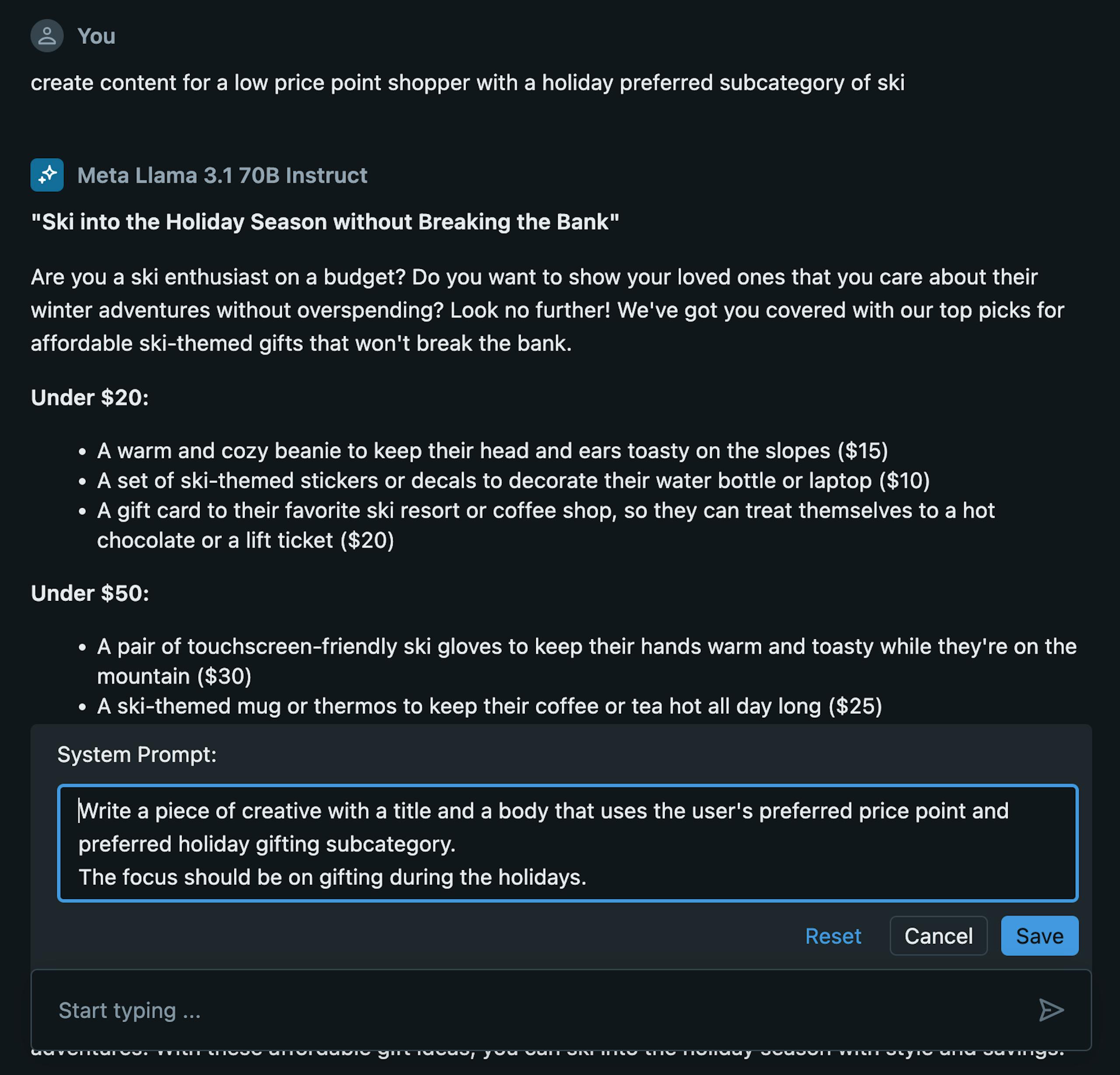 A detailed response from Meta Llama to the prompt "create content for a low price point shopper with a holiday preferred subcategory of ski".