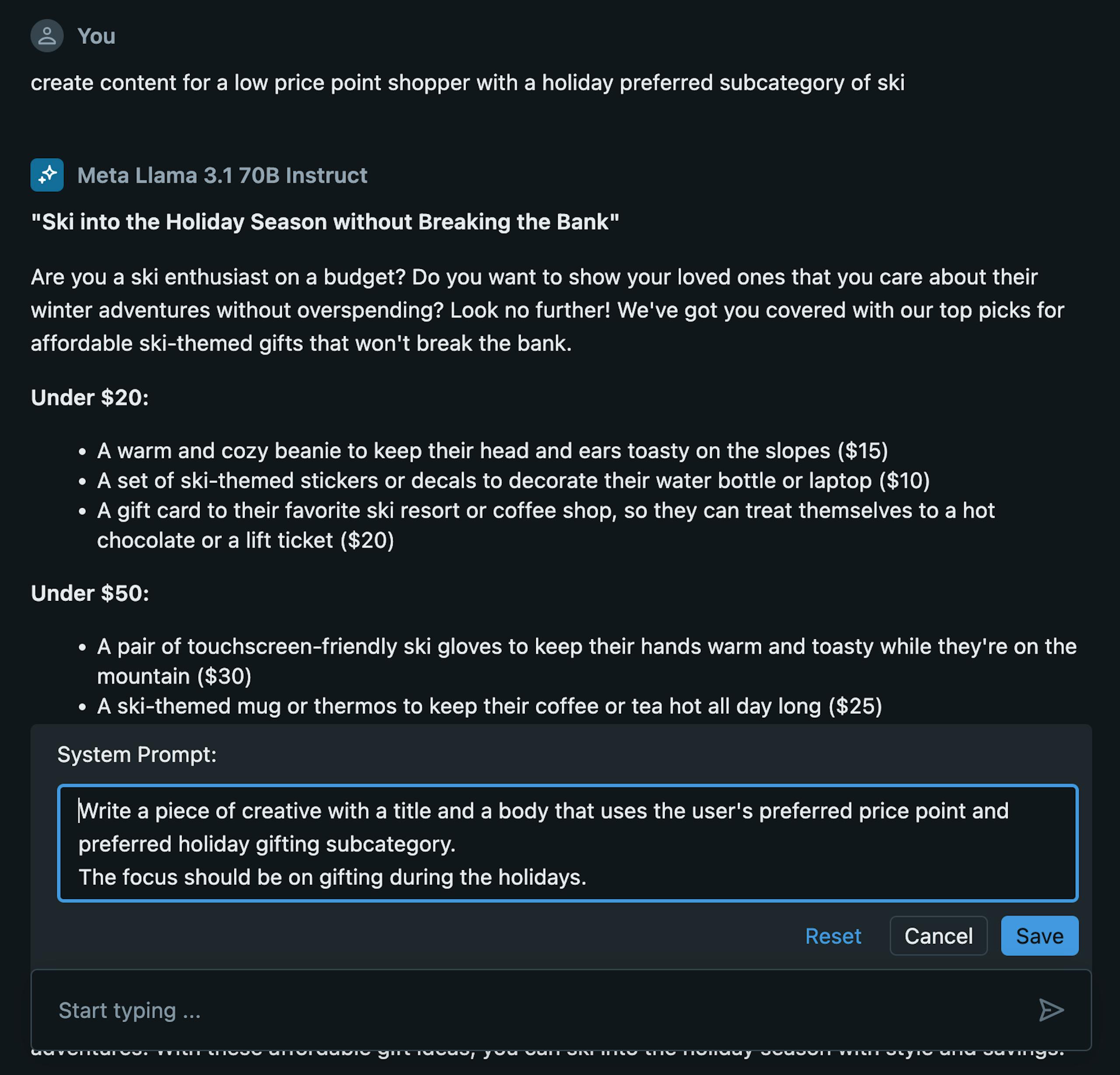 A detailed response from Meta Llama to the prompt "create content for a low price point shopper with a holiday preferred subcategory of ski". 