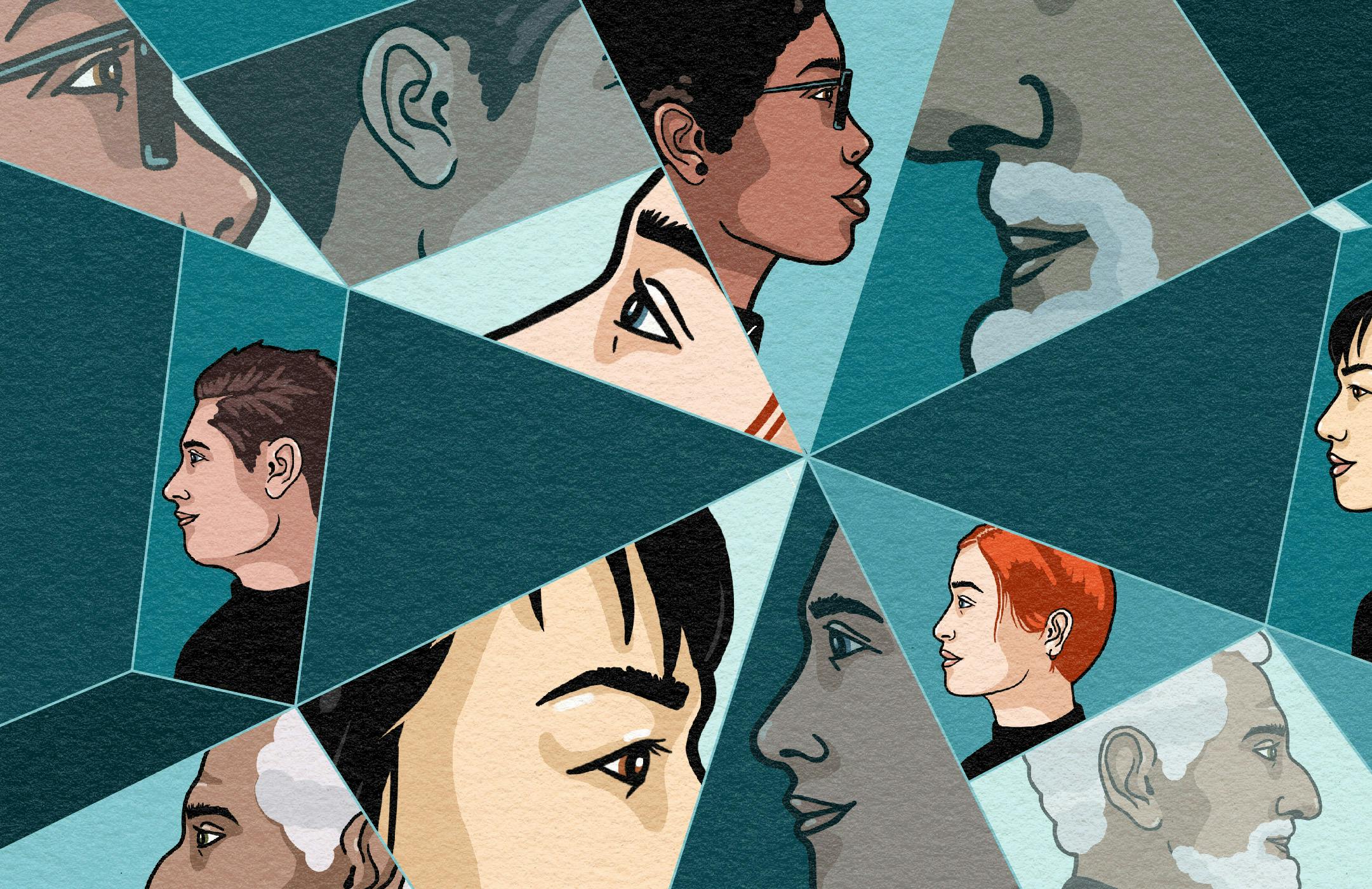 Illustration of multiple peoples' profiles in a fragmented teal-toned mosaic.