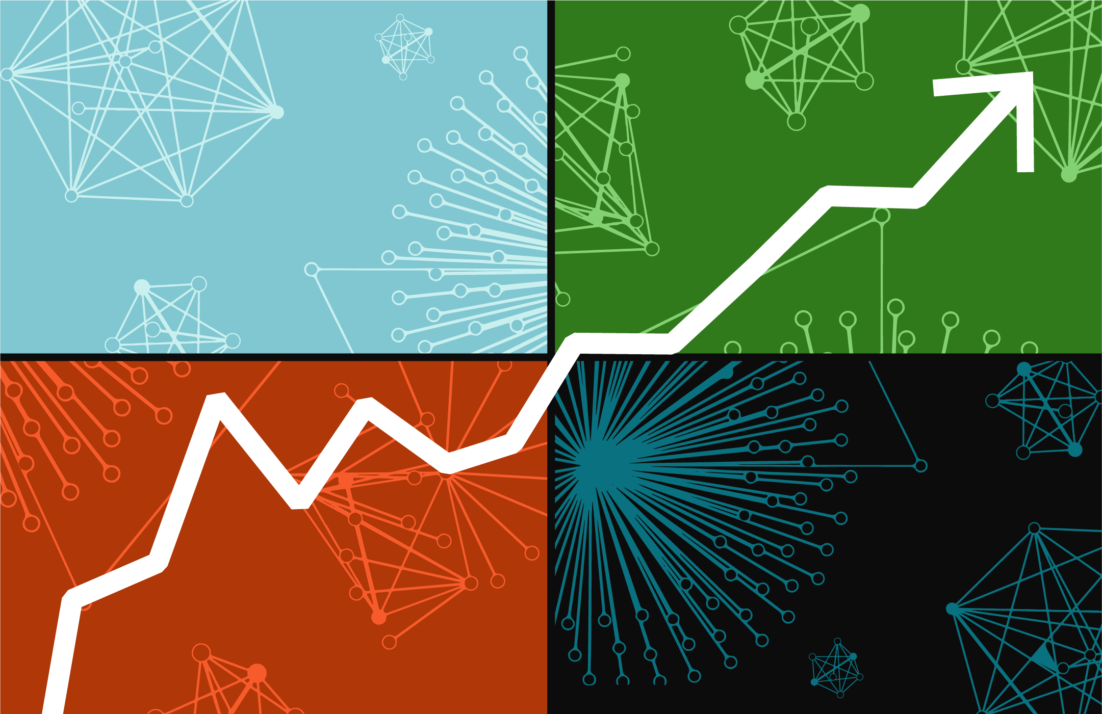 A line graph going up and to the right on a red, teal, and green quadrant