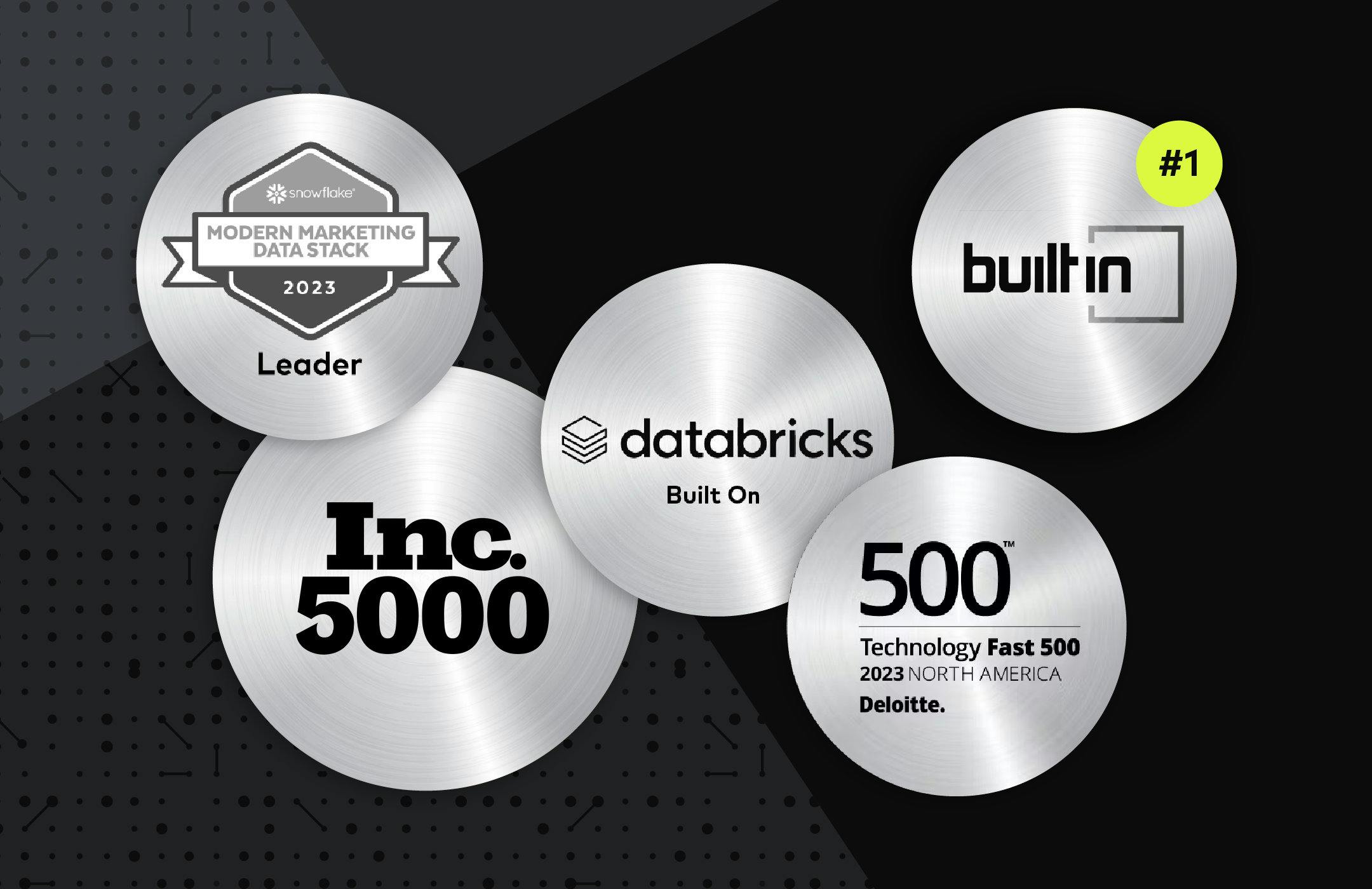 Award Collage of SnowFlake Modern marketing data stack leader, databricks build on partner of the year, inc 5000, Deloitte Technology Fast 500 award