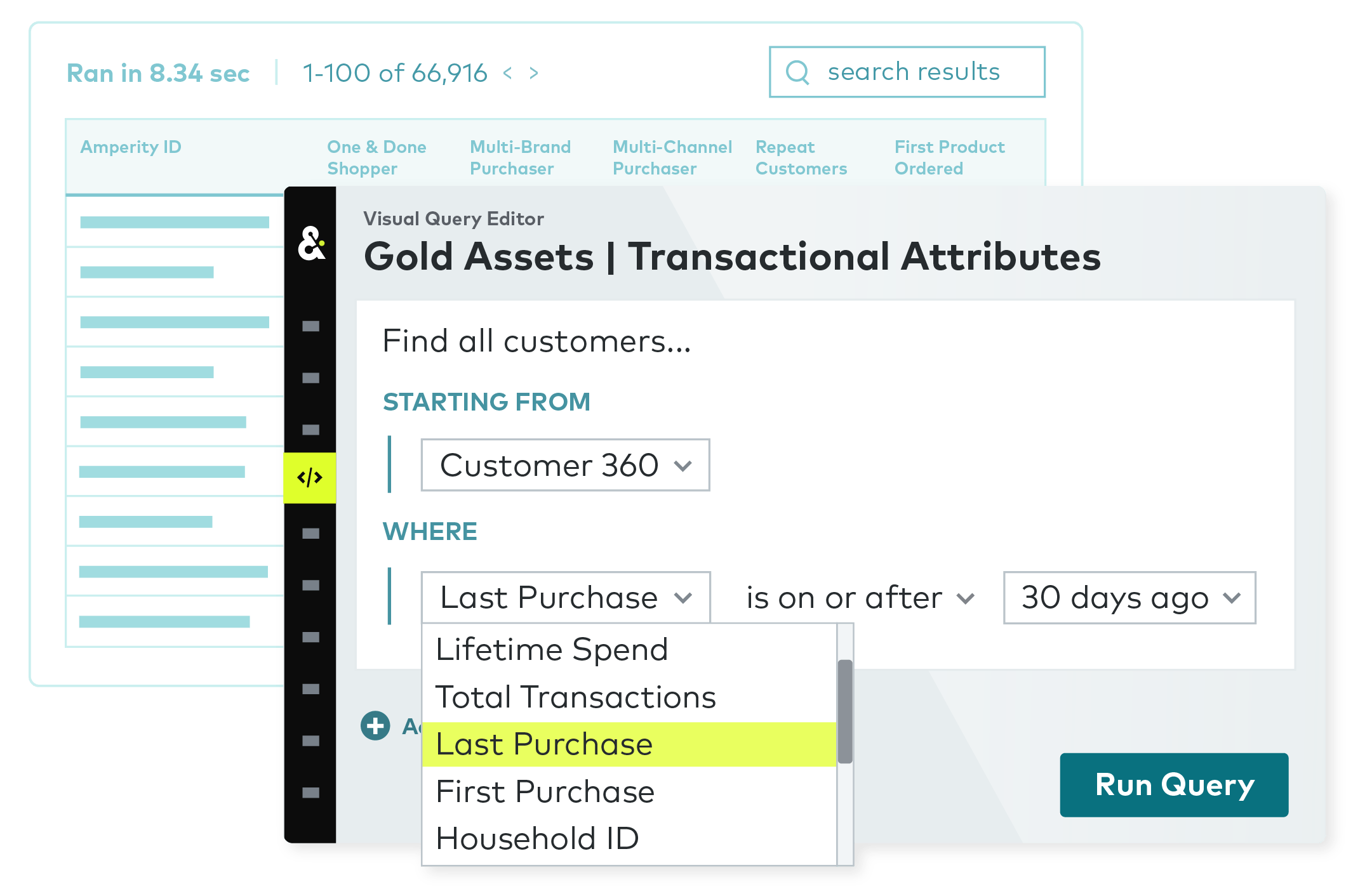 Visual segment editor in the Amperity platform displaying a query from the "Customer 360" with "Last purchase" is "on or after" "30 days ago".