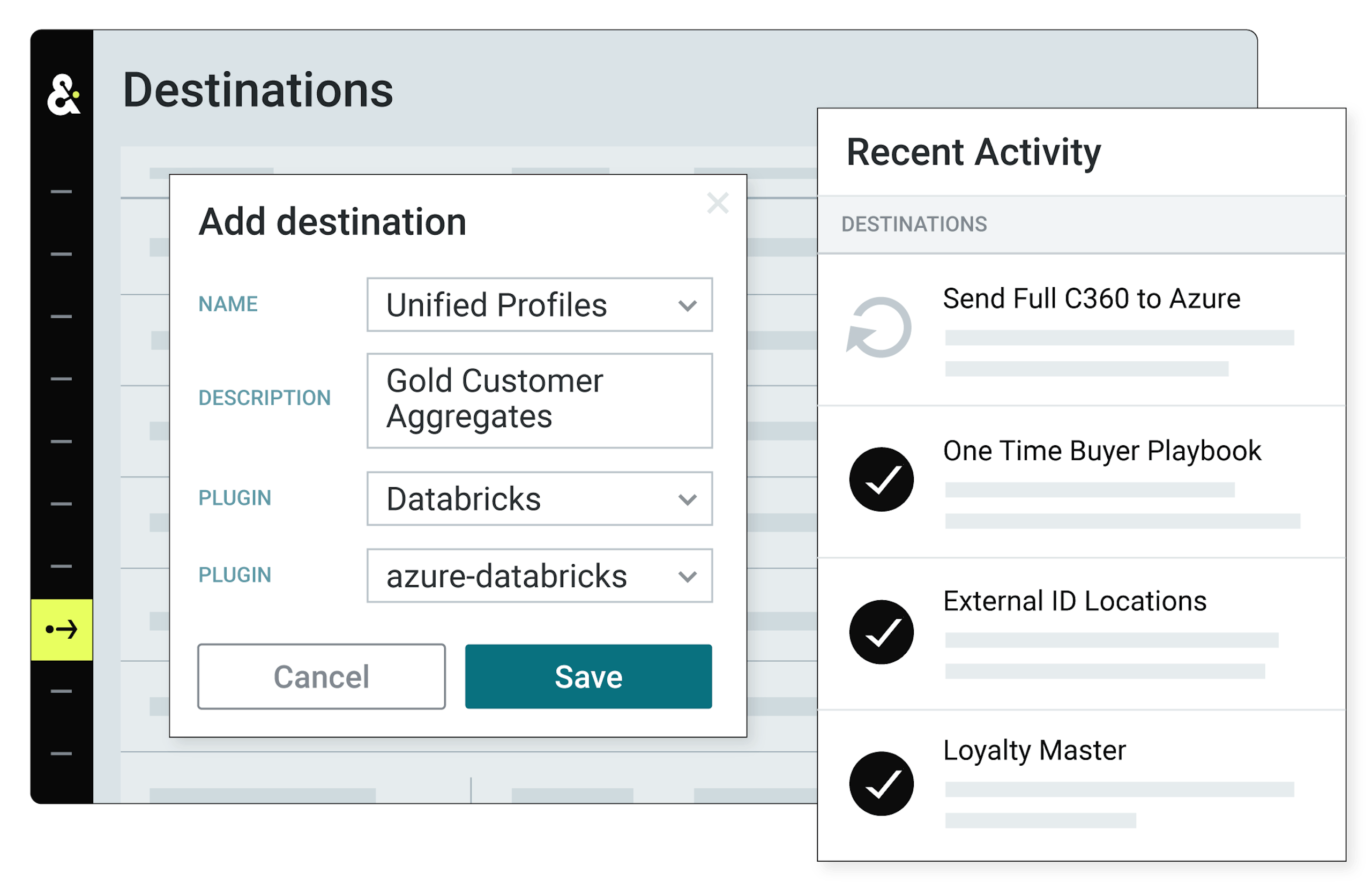 Amperity platform Destinations view displaying a modal titled "Add destination"