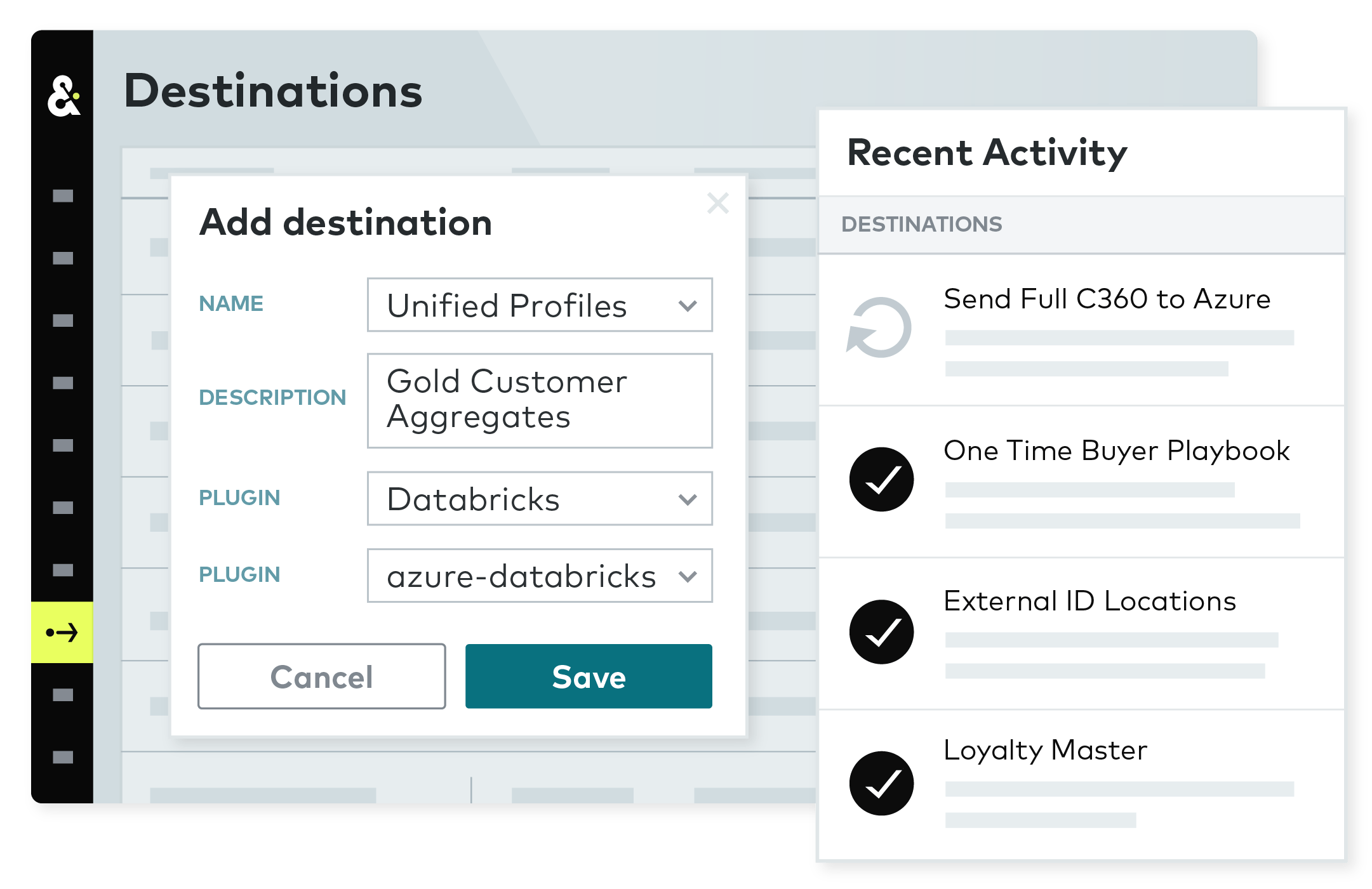 Amperity platform Destinations view displaying a modal titled "Add destination"