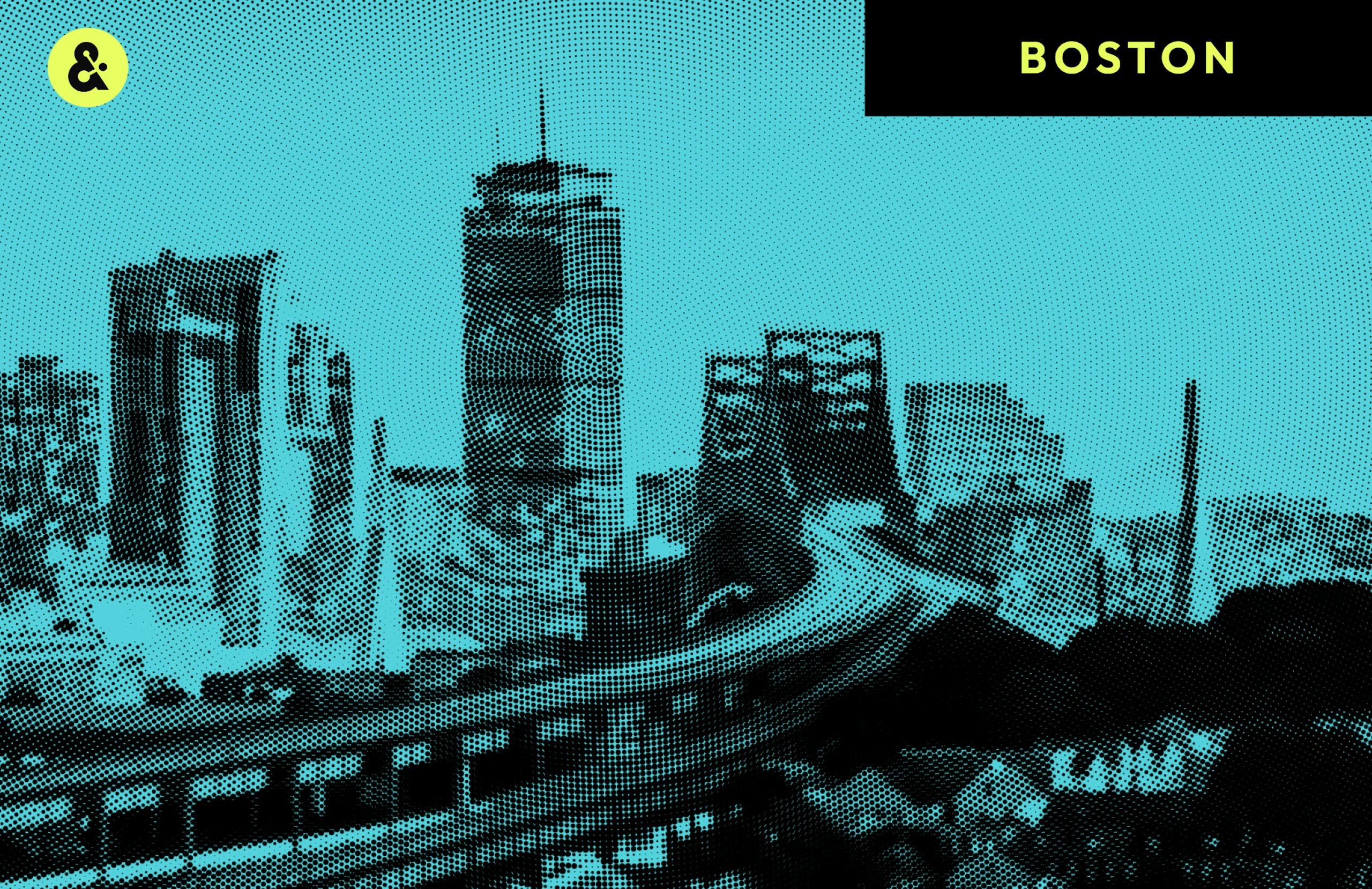 Boston cityscape overlaid with teal datawave pattern