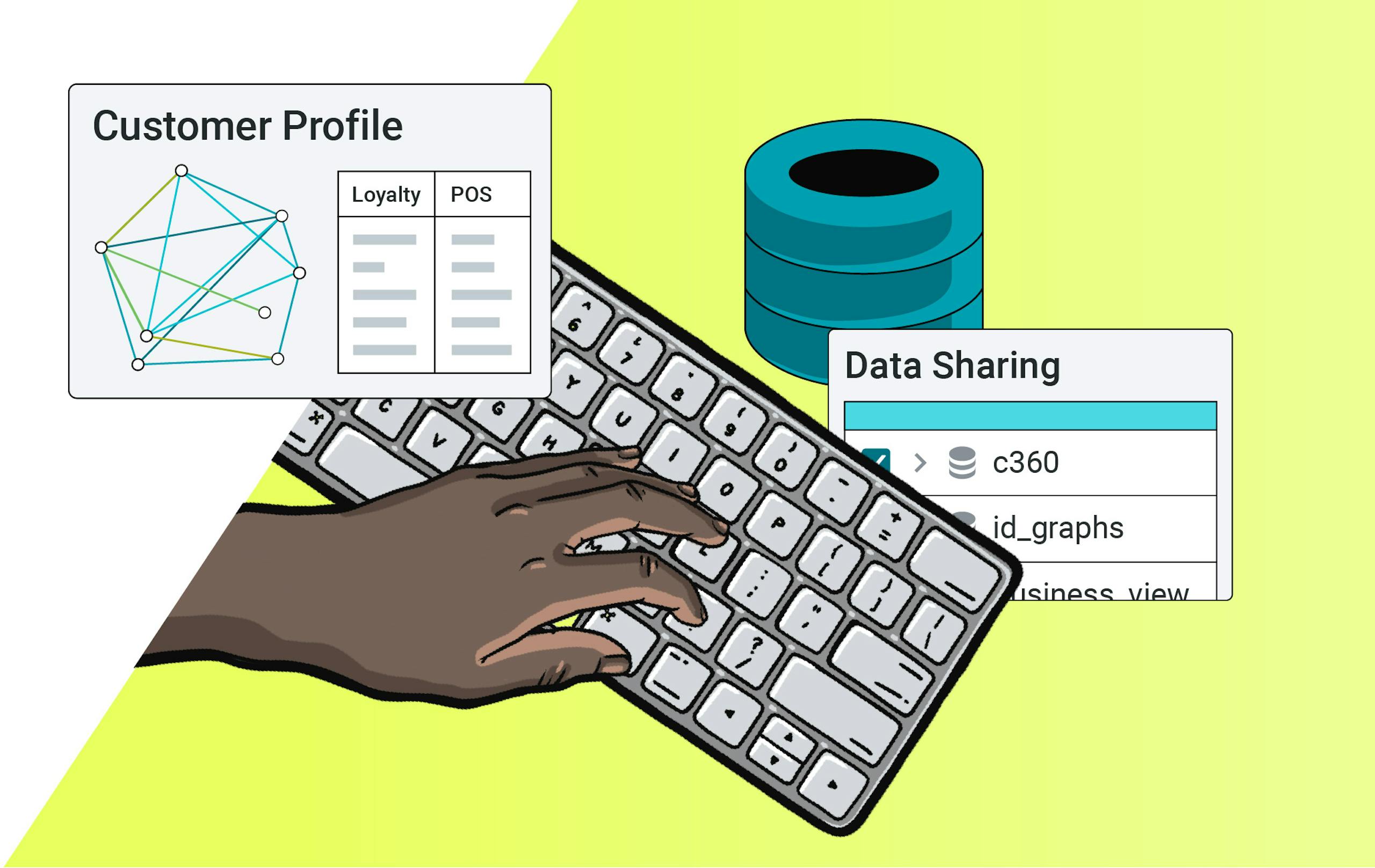 Illustration of a hand on a keyboard inputing data from data sources into a database that turns into a unified customer profile