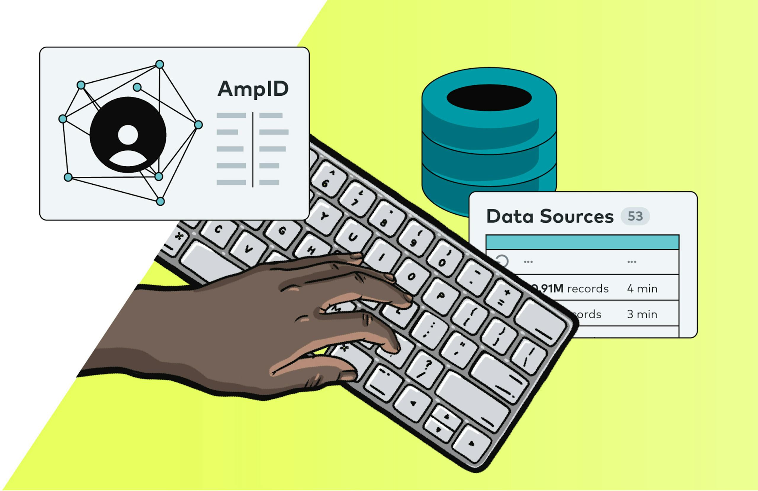 Illustration of a hand on a keyboard inputing data from data sources into a database that turns into a unified customer profile
