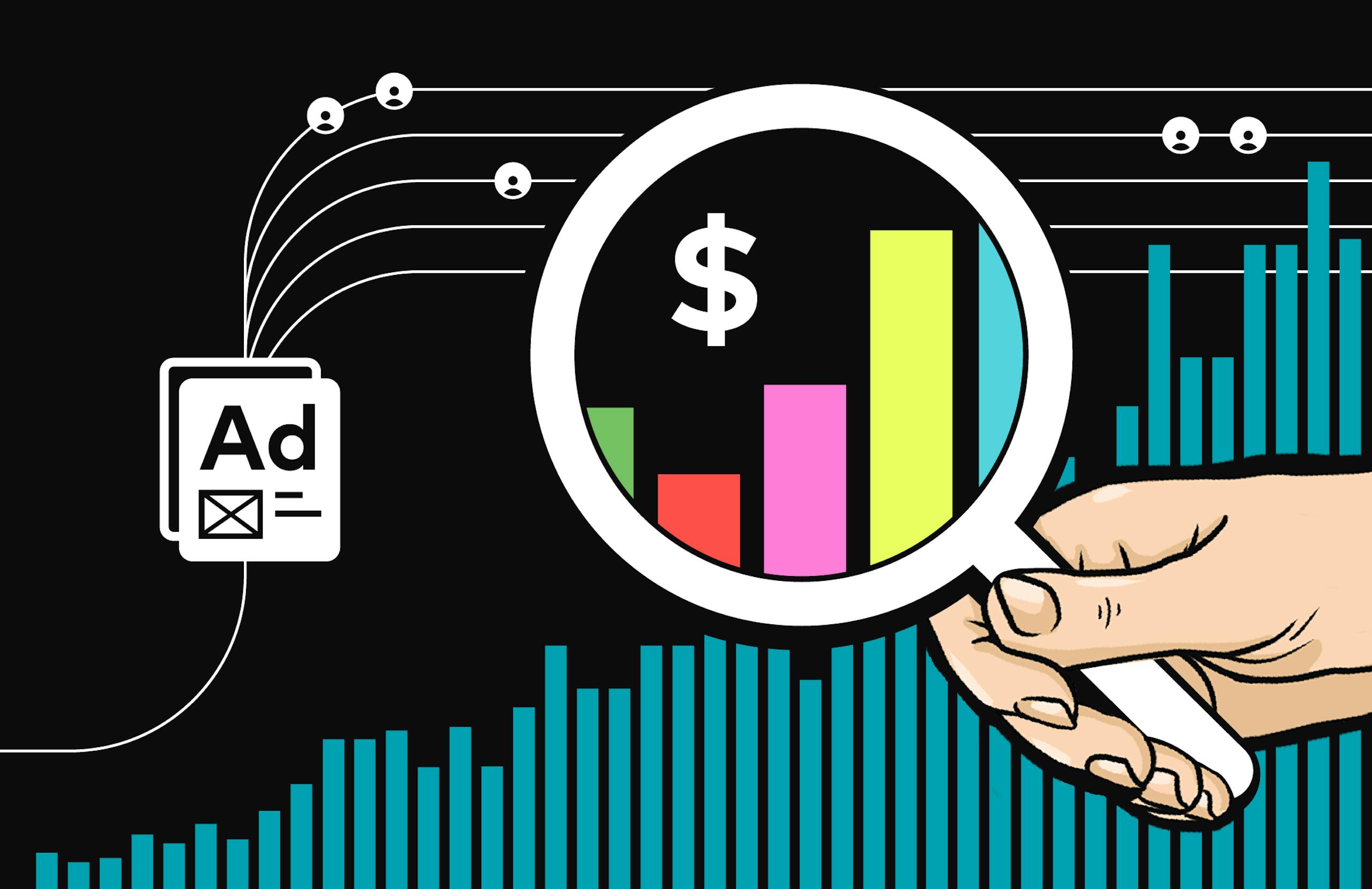 Hand holding magnifying glass to an incrementing bar chart, next to an icon "Ad".