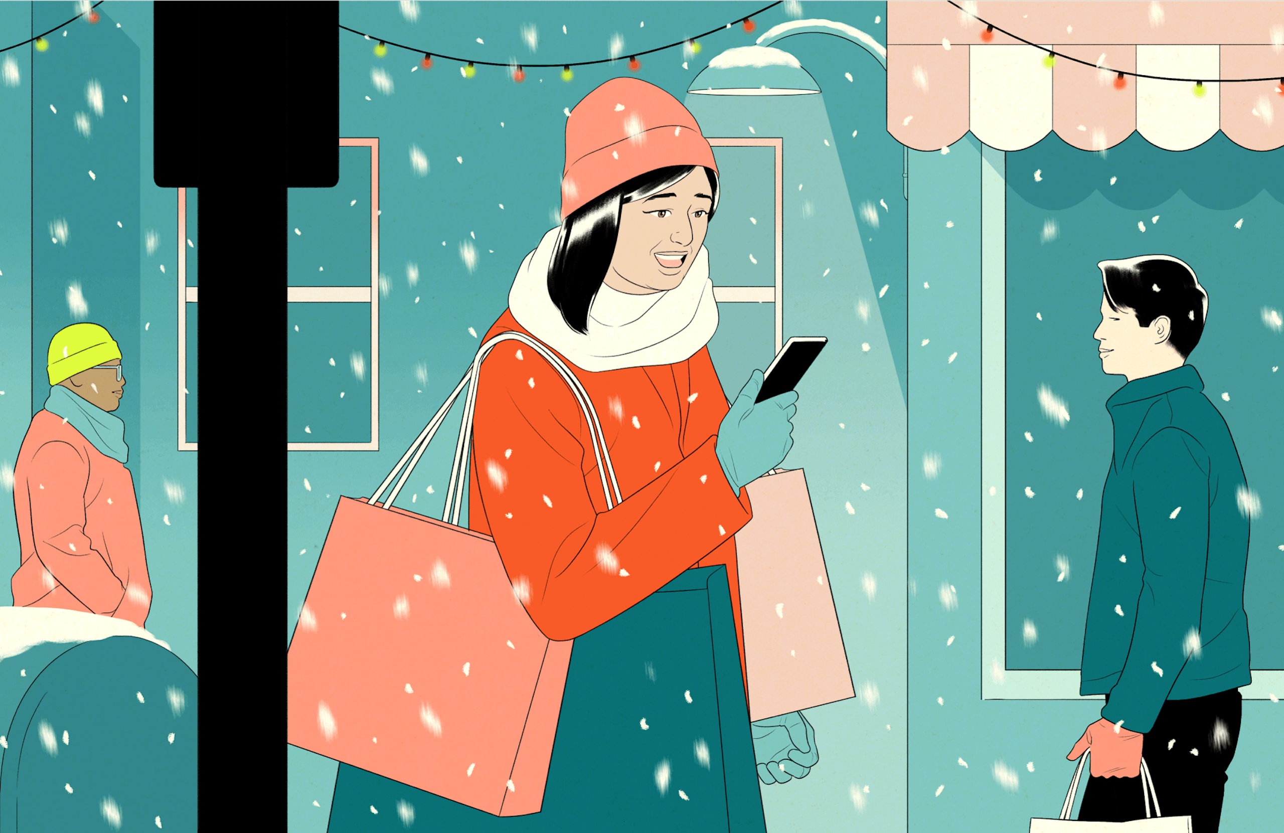 Illustration of a young woman shopping on her phone while carrying shopping bags down a snowy street.