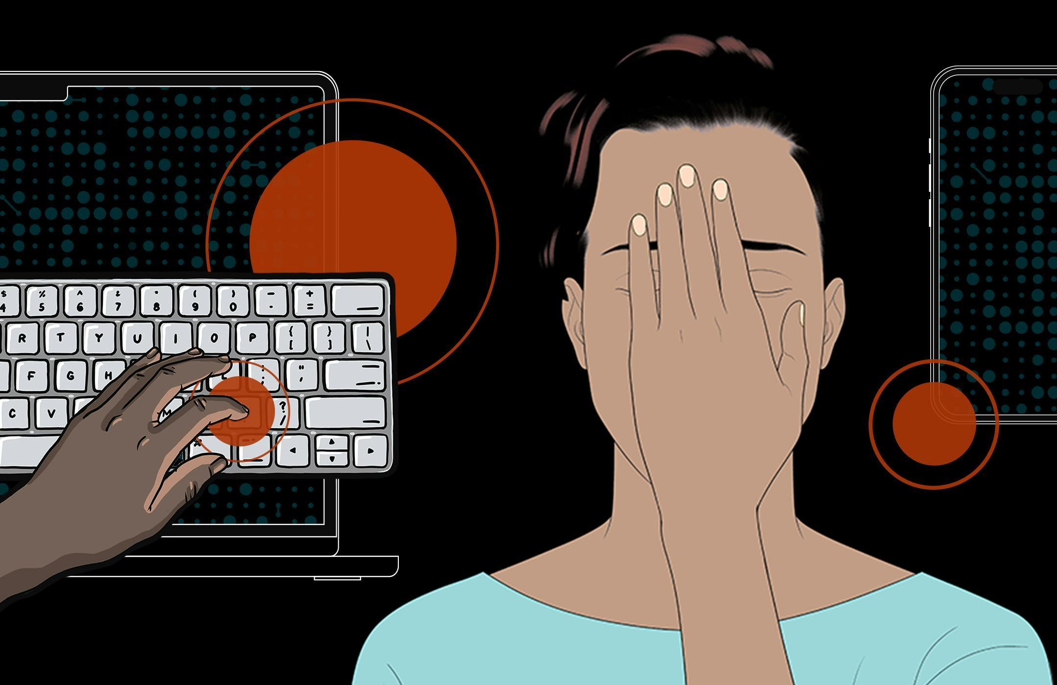 Person facepalming while another hand types on a keyboard