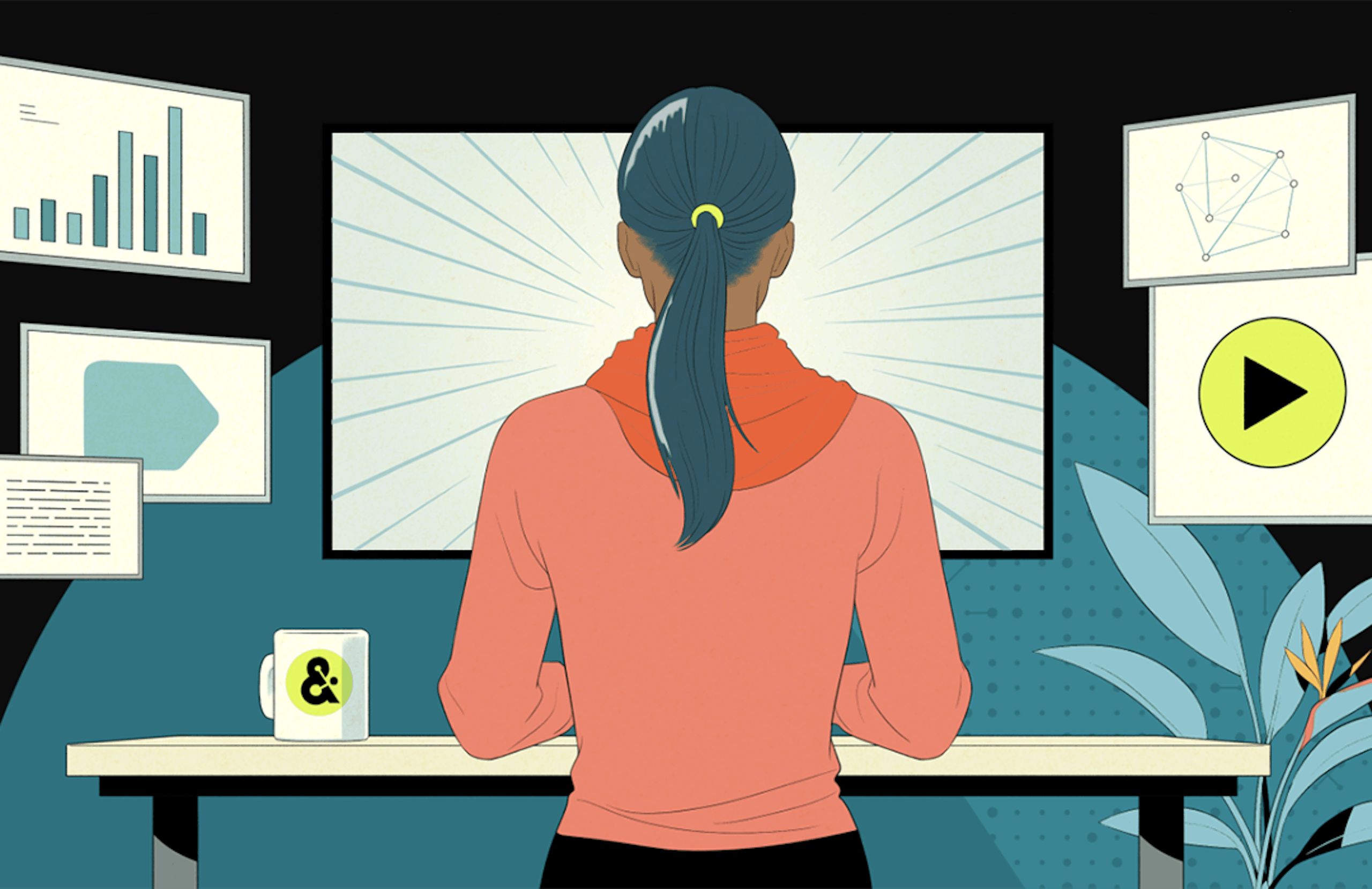 Back of a woman at standing desk looking at five screens 