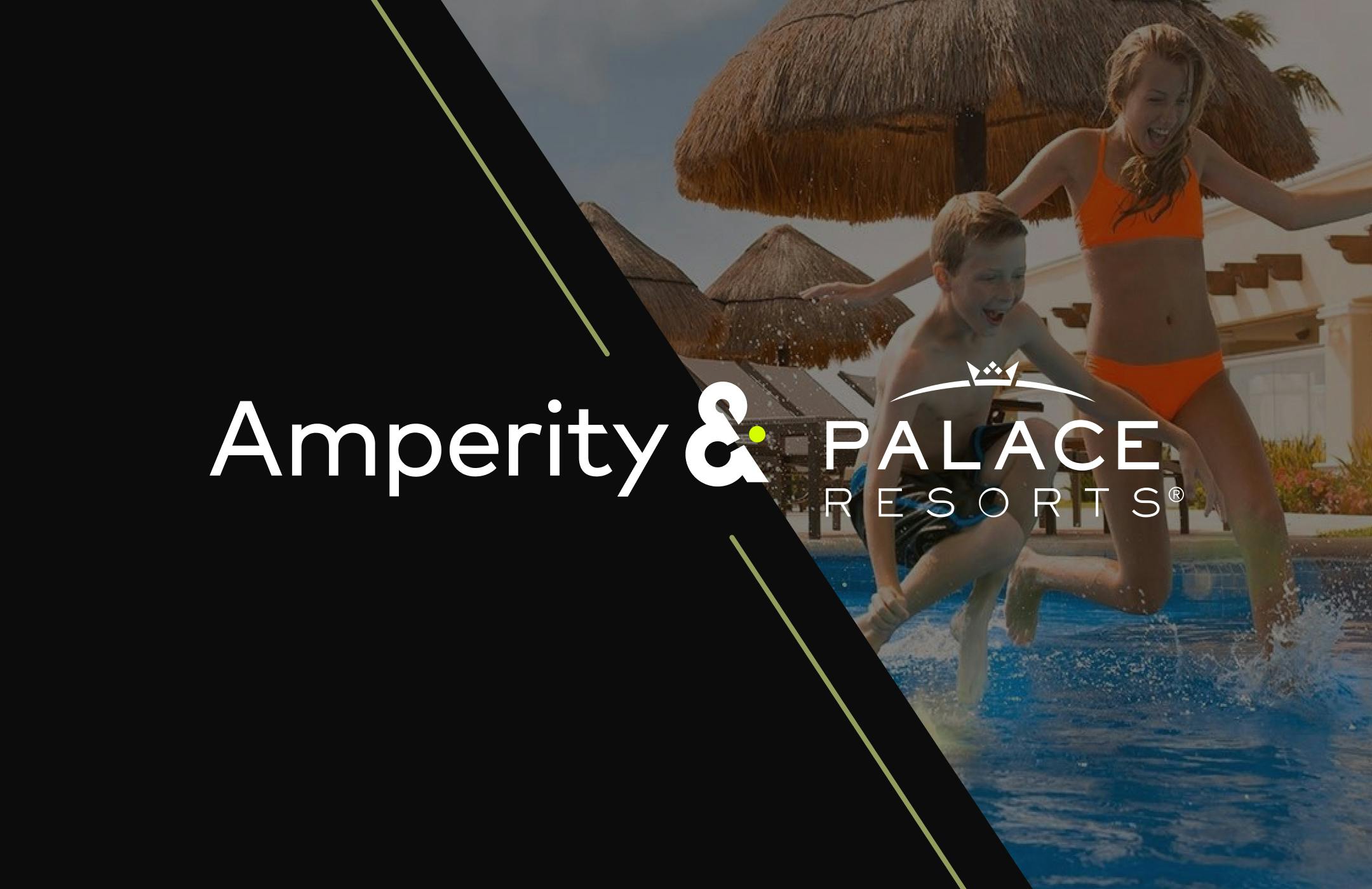 Text: Amperity and Palace Resorts, with background of children jumping into a pool