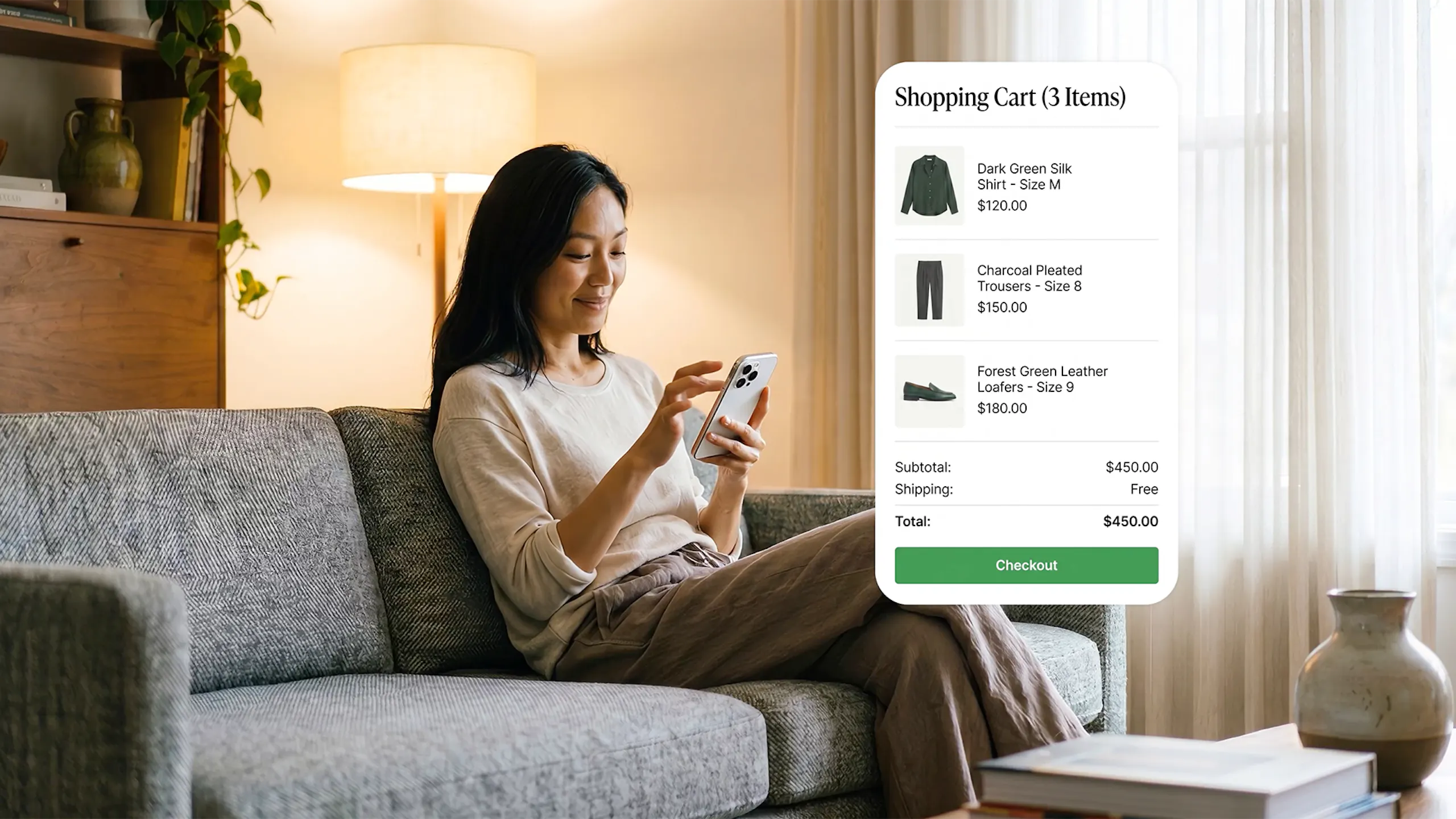Woman with dark hair sitting on the couch looking at her phone — the display shows a Shopping Cart with 3 items.
