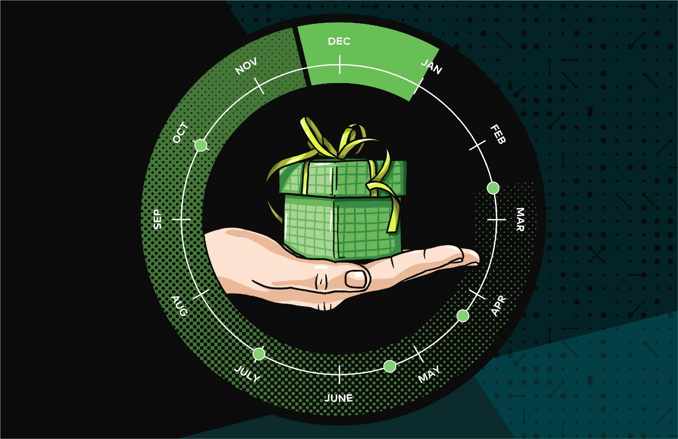 Illustration of hand holding a small green gift box