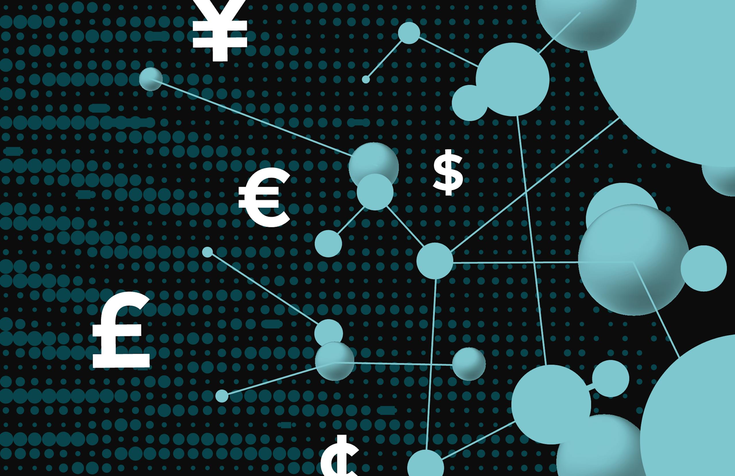 Teal spheres connected with nodes in a teal background with currency icons