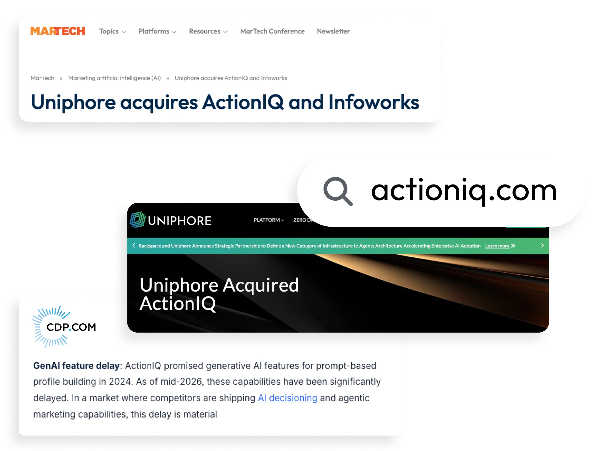 Various headline outlining Uniphore's acquisition of ActionIQ
