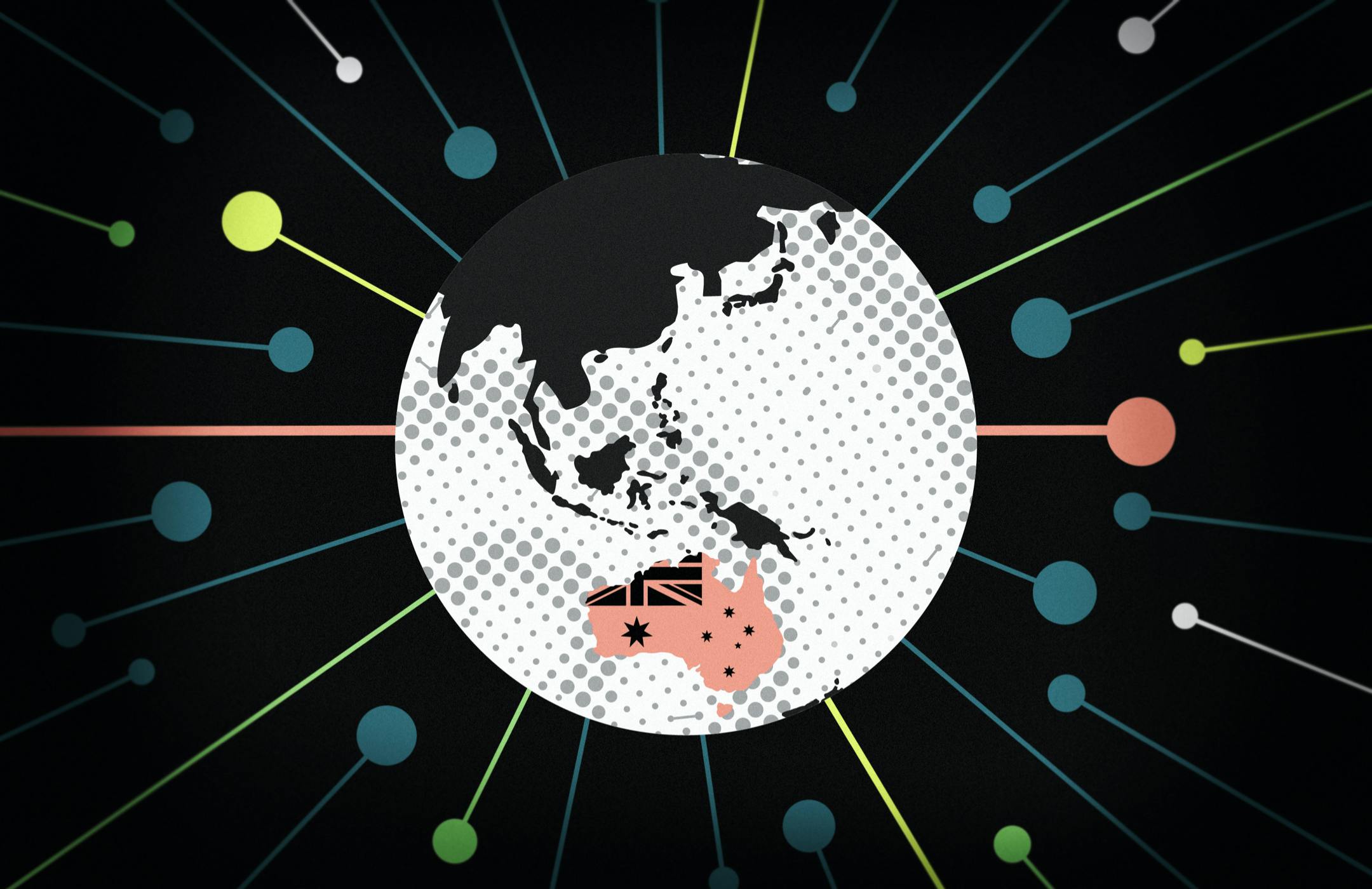 Illustration of white globe with Australia highlighted in coral on a dark black background.