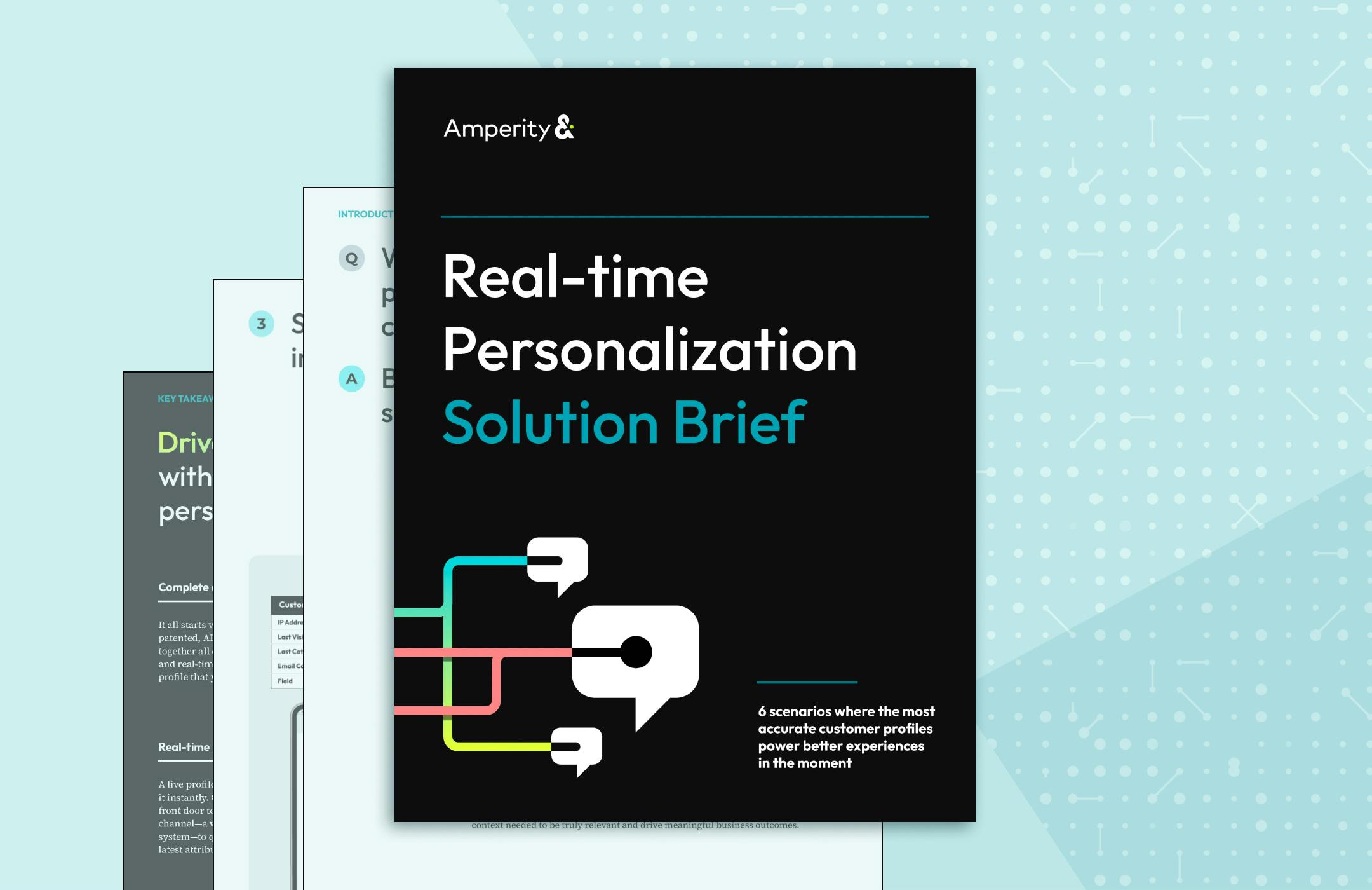 Guide titled "Real-time Personalization Solution Brief" with nodes connecting to speech bubbles.