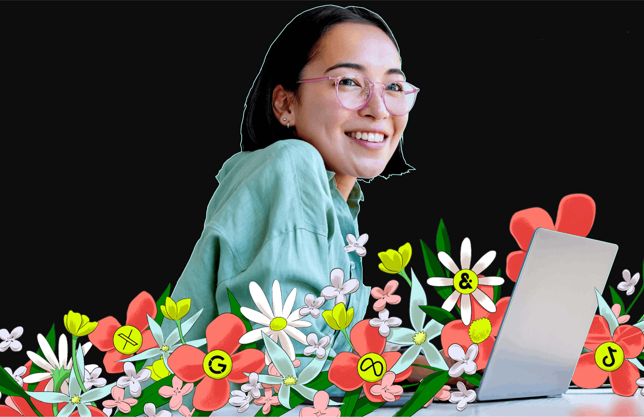 Promo image for Amperity for Paid Media showing a woman at her desk with a computer with an illustrated bed of flowers that contain paid media company logos