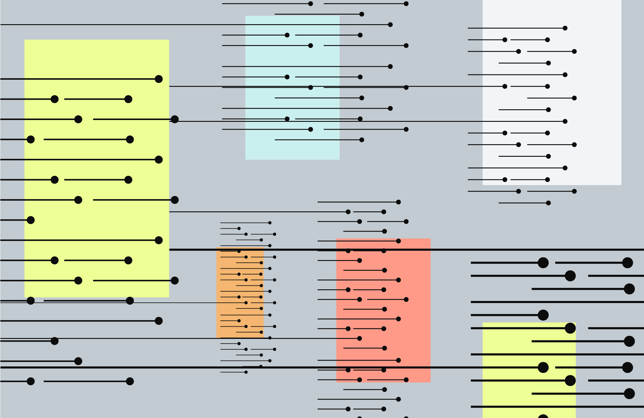 Yellow blue, and orange boxes on a gray background, with lines and nodes signaling acceleration