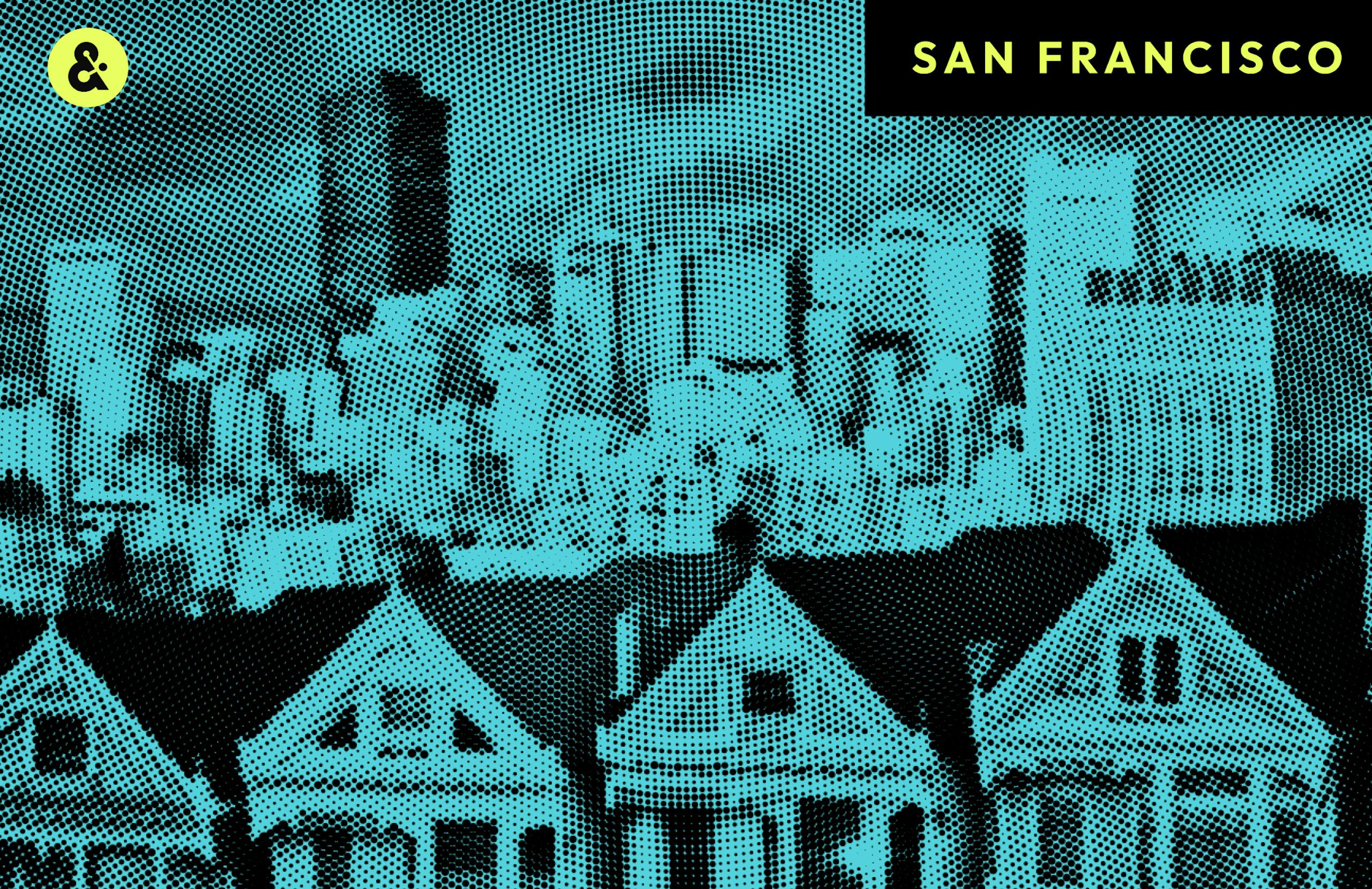 San Francisco cityscape overlaid with teal datawave pattern