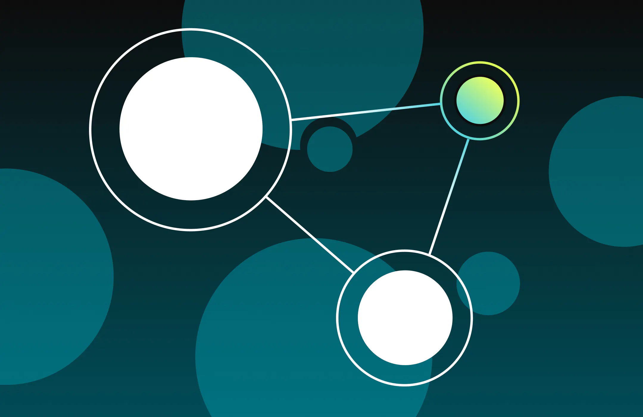 Two white orbs and a yellow orb connected via lines on a background of teal circles.
