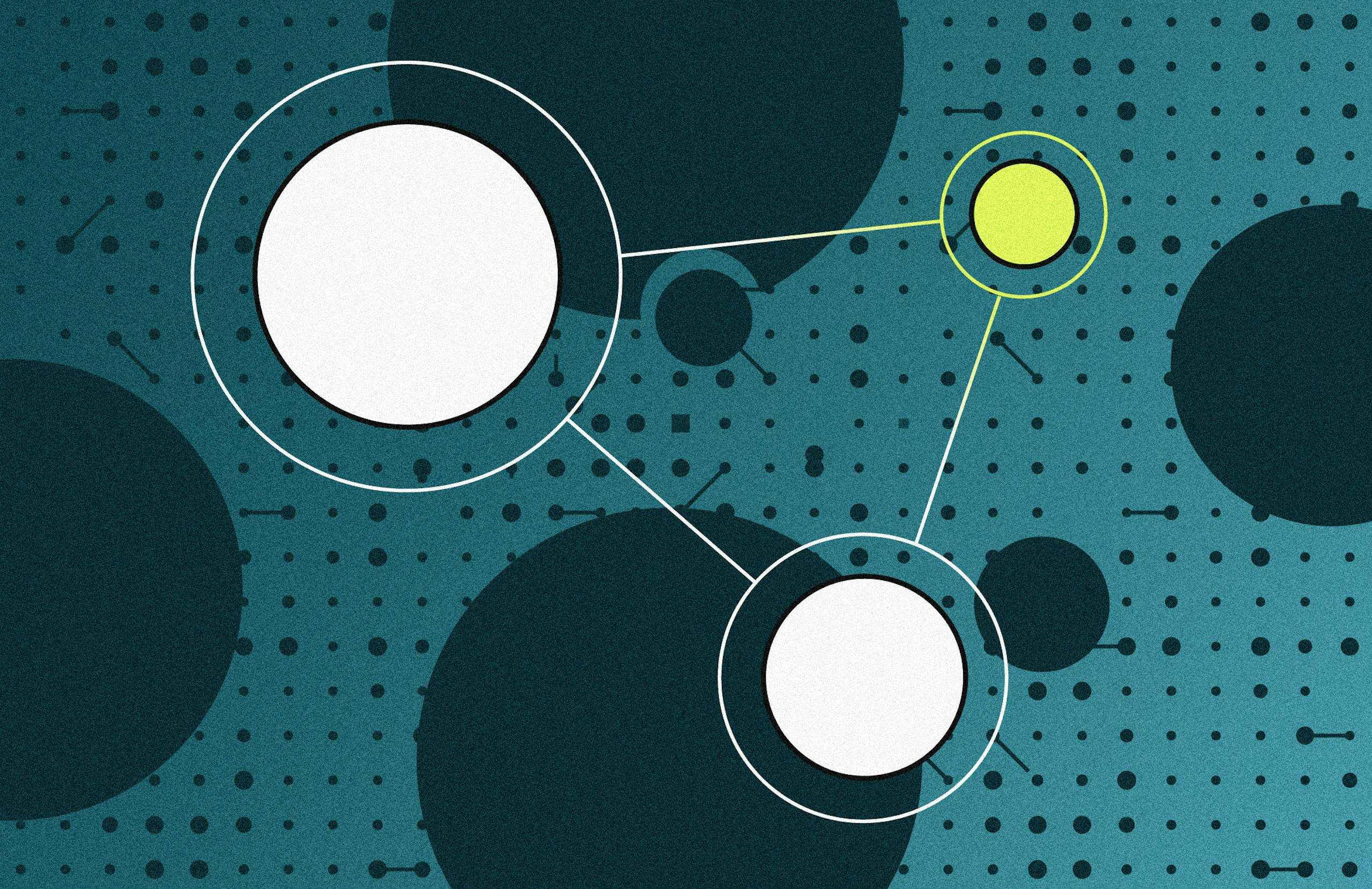 Two white orbs and a yellow orb connected via lines on a background of teal circles.