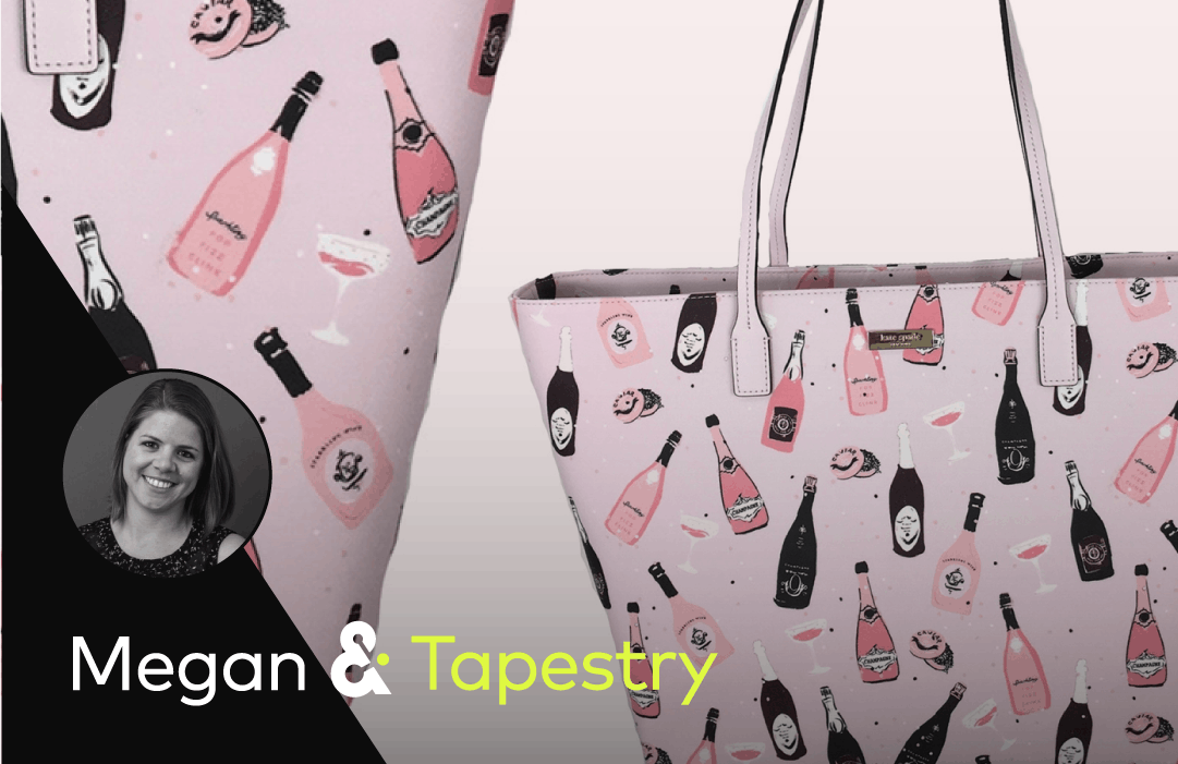 Megan & Tapestry: pink tote bag with wine bottle print
