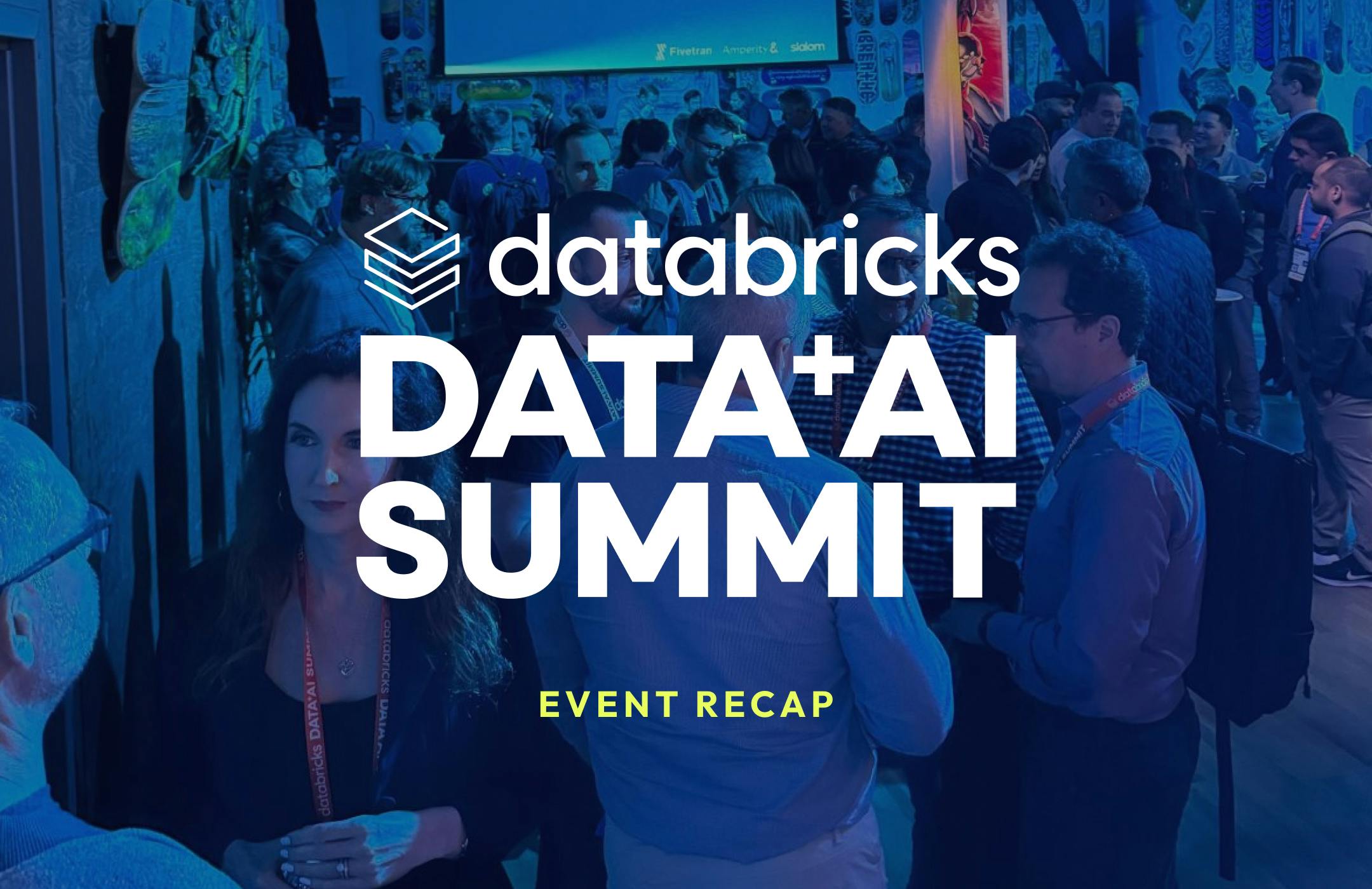 Attendees at Amperity's Minna Gallery in San Francisco. A text overlay reads "Databricks Data + AI Summit Event Recap."