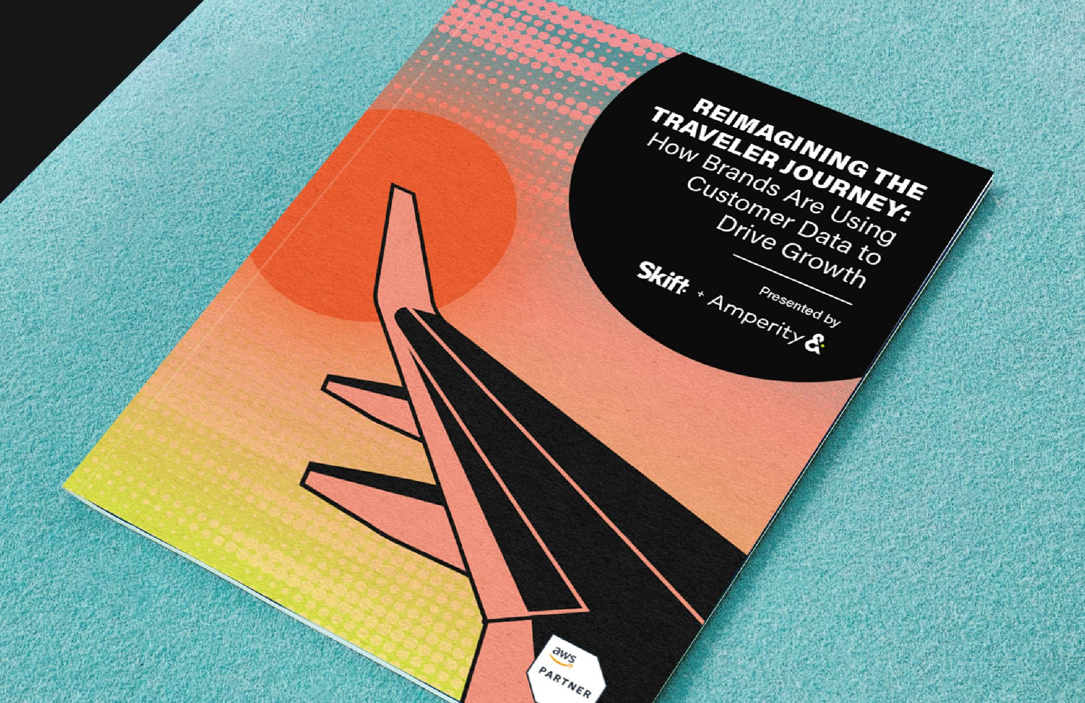 Cover of the guide "Travel Analytics After COVID" with illustration of airplane wing over an orange sun at sunset.