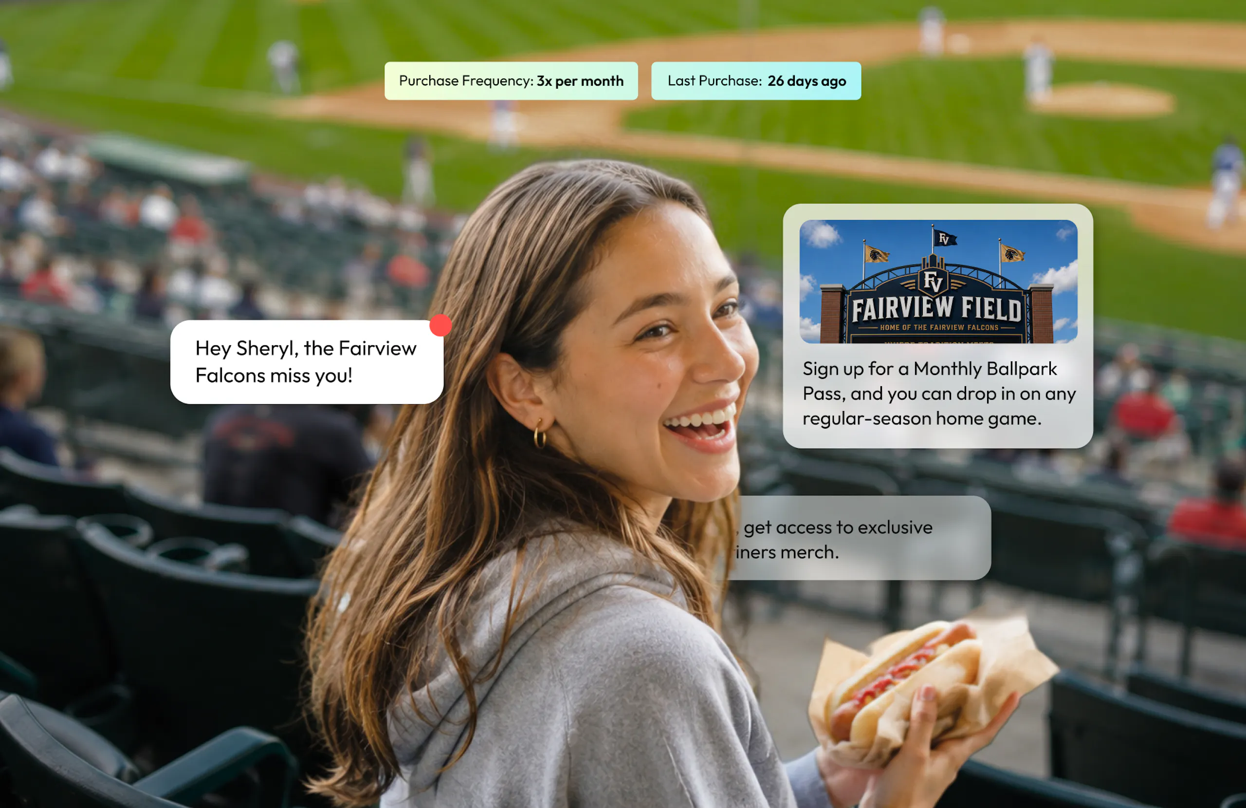 Woman at a stadium with a hot dog in hand, smiling over her shoulder. Floating modal depict loyalty offers from the stadium.