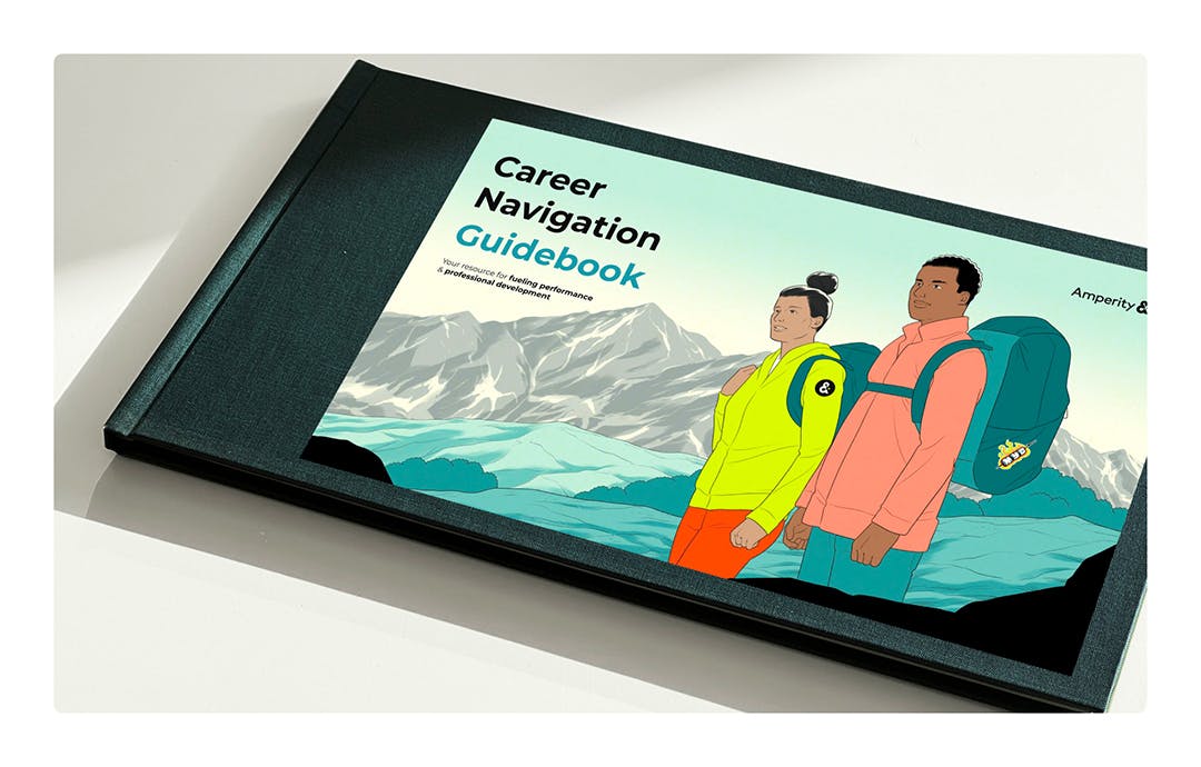 The Amperity Career Navigation Guidebook, with an illustration of two backpackers in a mountainous scene