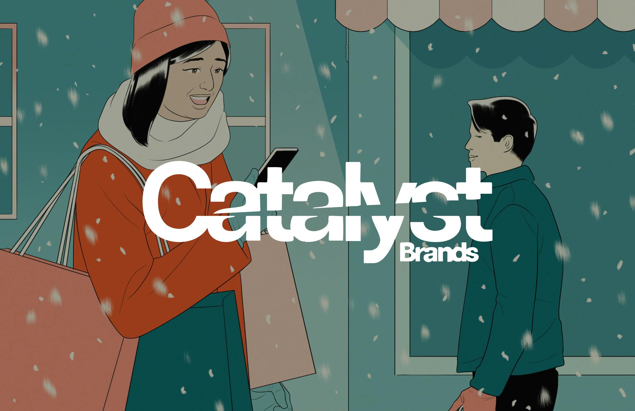 Photo of a woman hugging a child tightly and a man playing with another child, overlaid with the Catalyst Brands logo