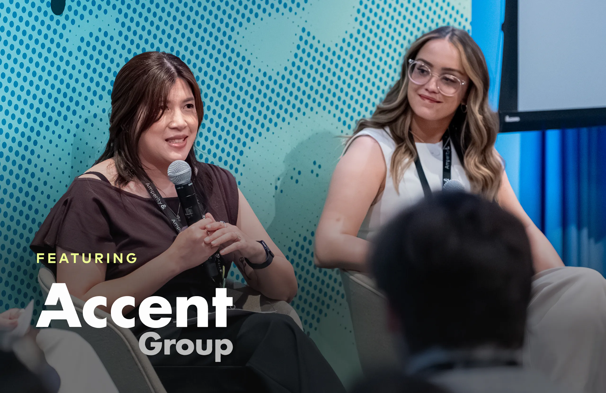Amanda Doan and Julia Wookey from Accent Group on stage at Amplify 2026.