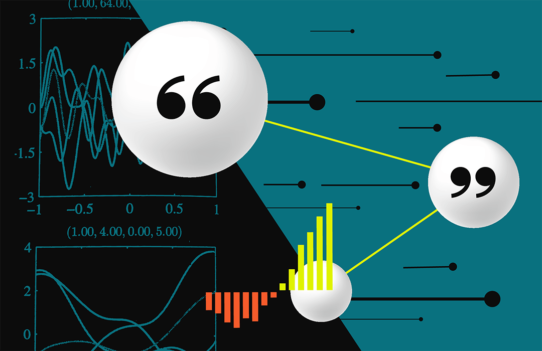 The image displays quotation marks and a background of colorful statistics.