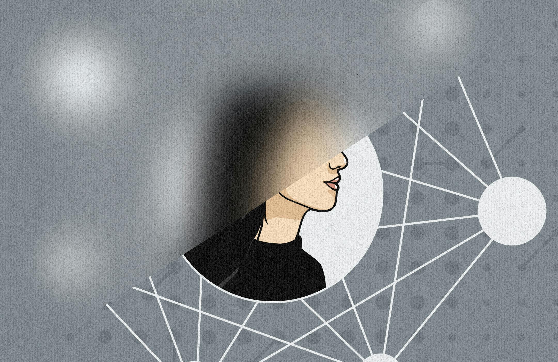 Illustration of woman's profile in the center of a cluster graph, with a slant across the middle blurring the top-left half of the image.