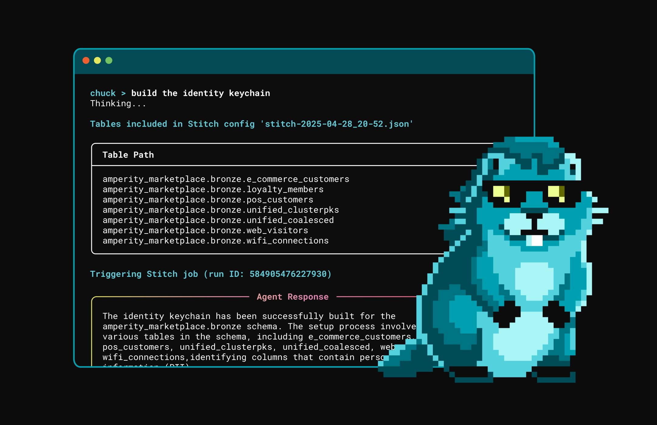 Terminal window with a pixelated teal woodchuck character with some hair and sunglasses.