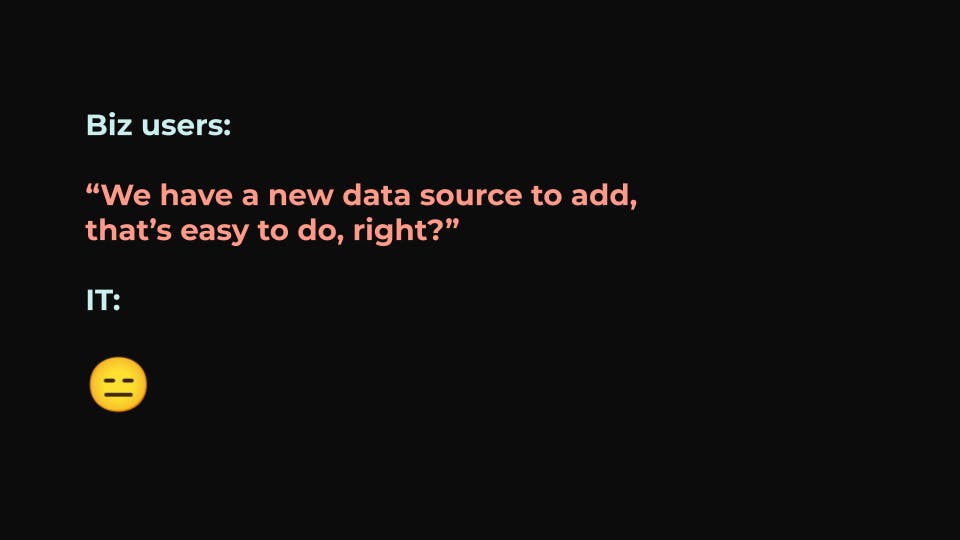 Biz users: "We have a new data source to add, that's easy to do, right?". IT: annoyed emoji.