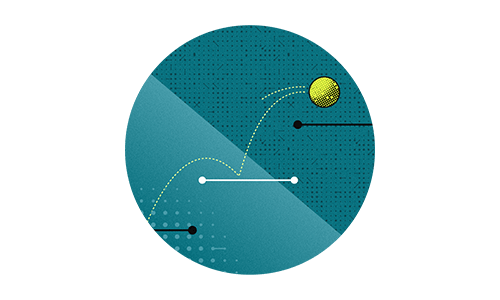 Yellow ball bouncing up three horizontal lines against a teal data wave background