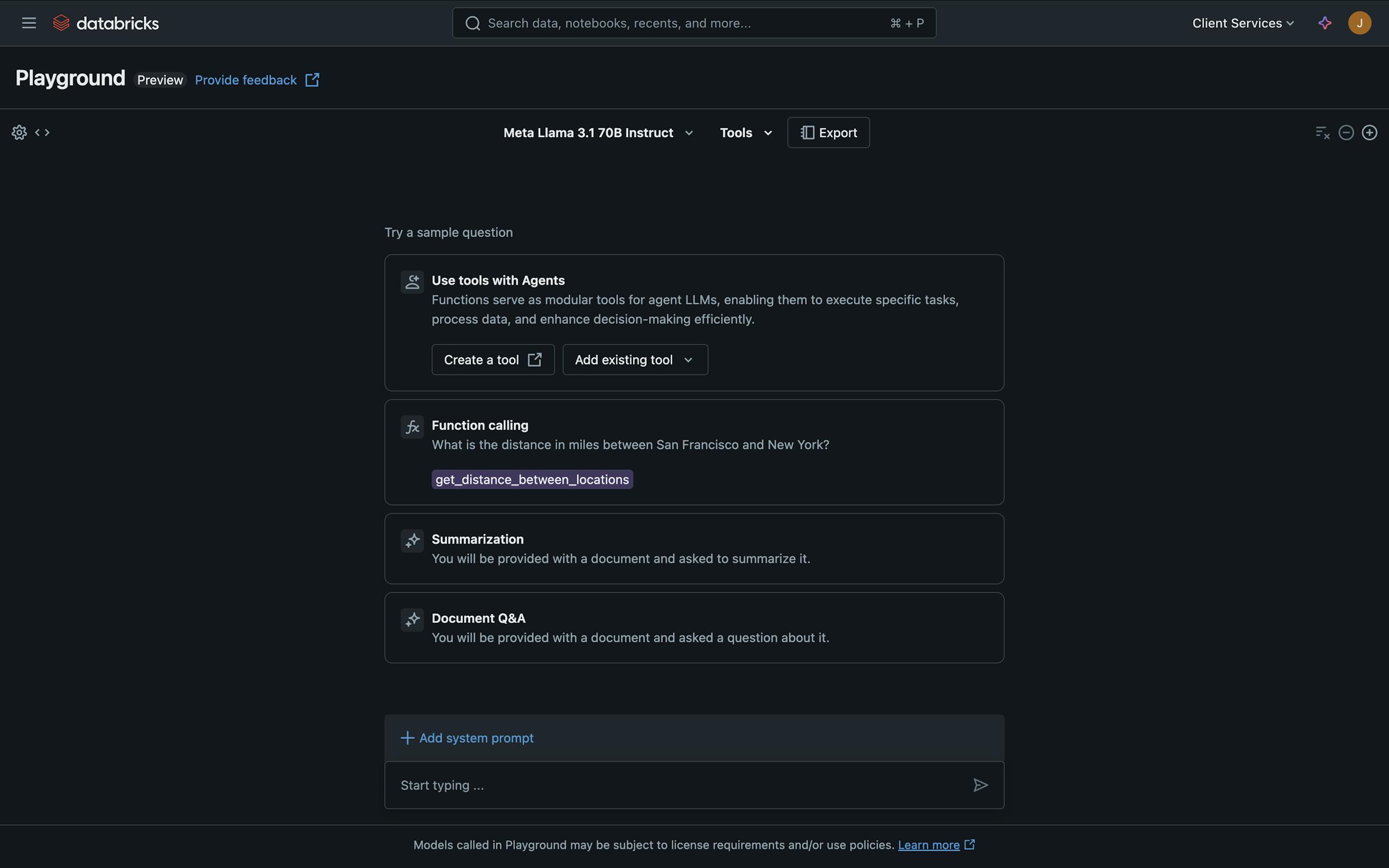 Databricks playground displaying AI-generated prompts, like "Function Calling" or "Summarization".