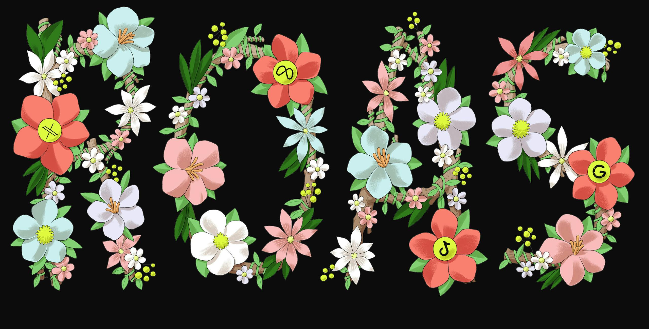 Illustration of colorful floral blooms forming the word "ROAS".
