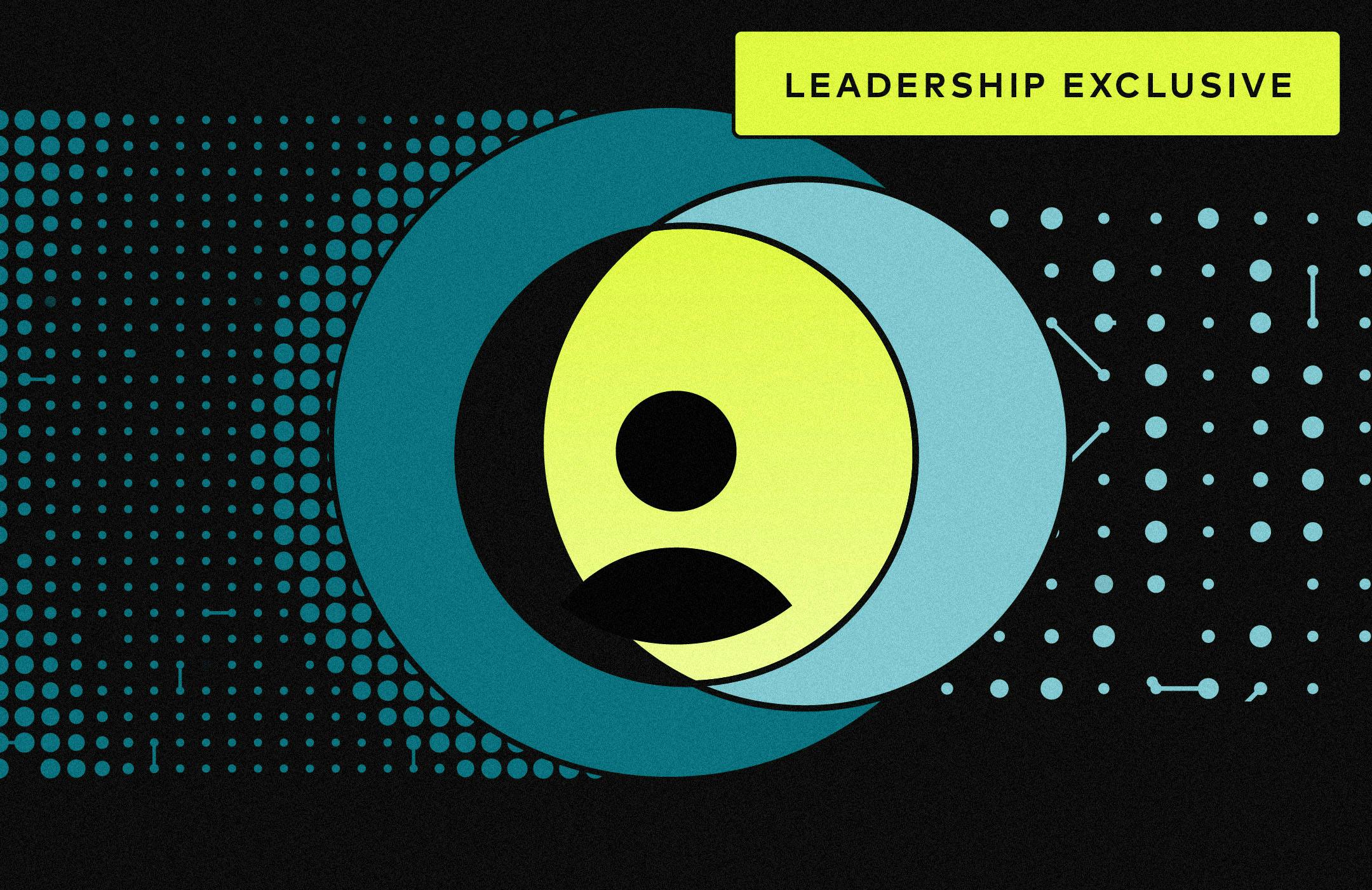 Illustration of user icon in overlapping yellow and blue circles, with tag "Leadership Exclusive"