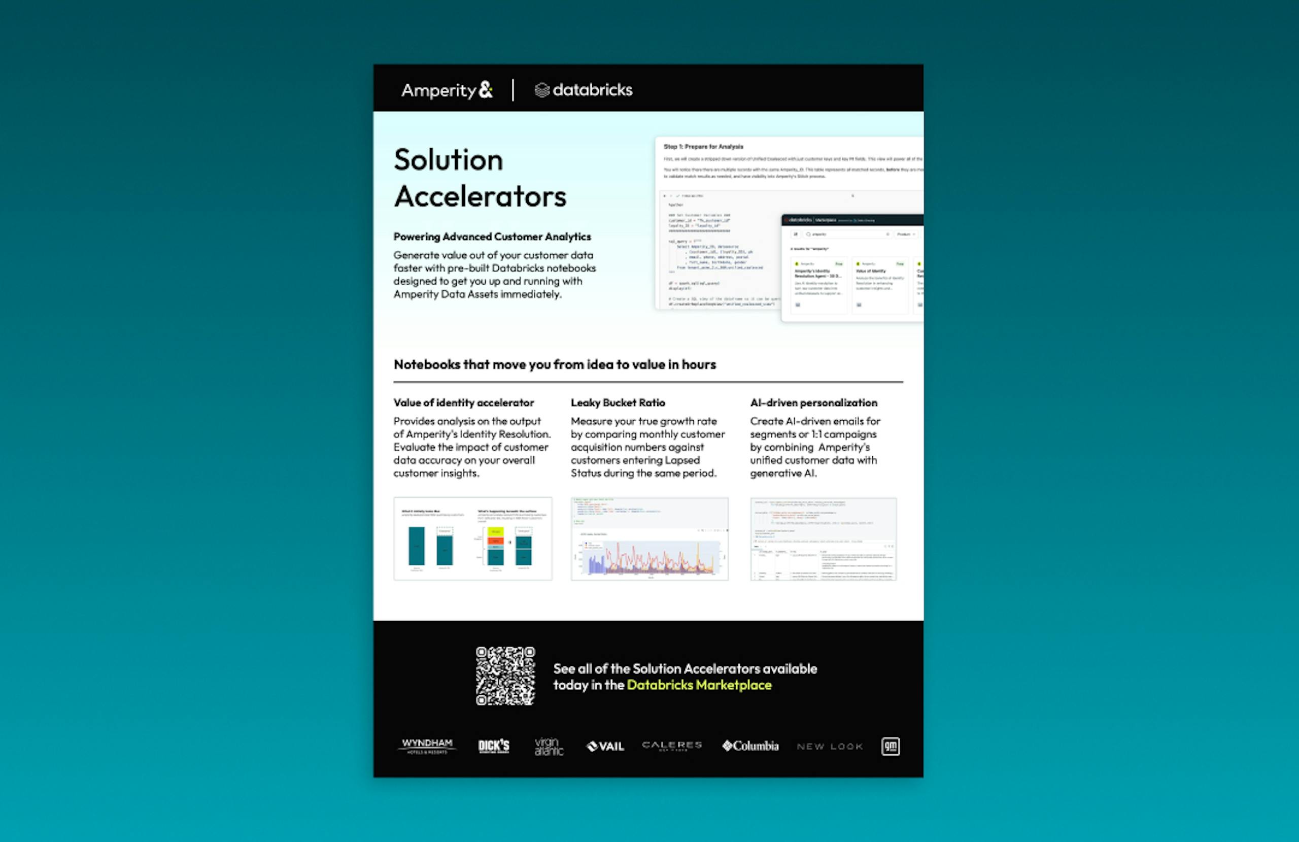 Two pages of the Solution Accelerator brief against a teal datawave background