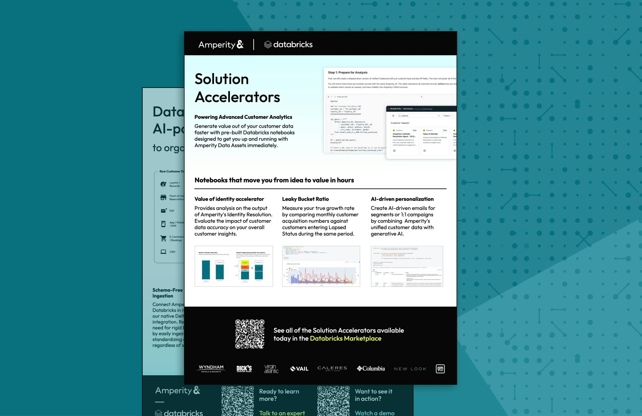 Two pages of the Solution Accelerator brief against a teal datawave background