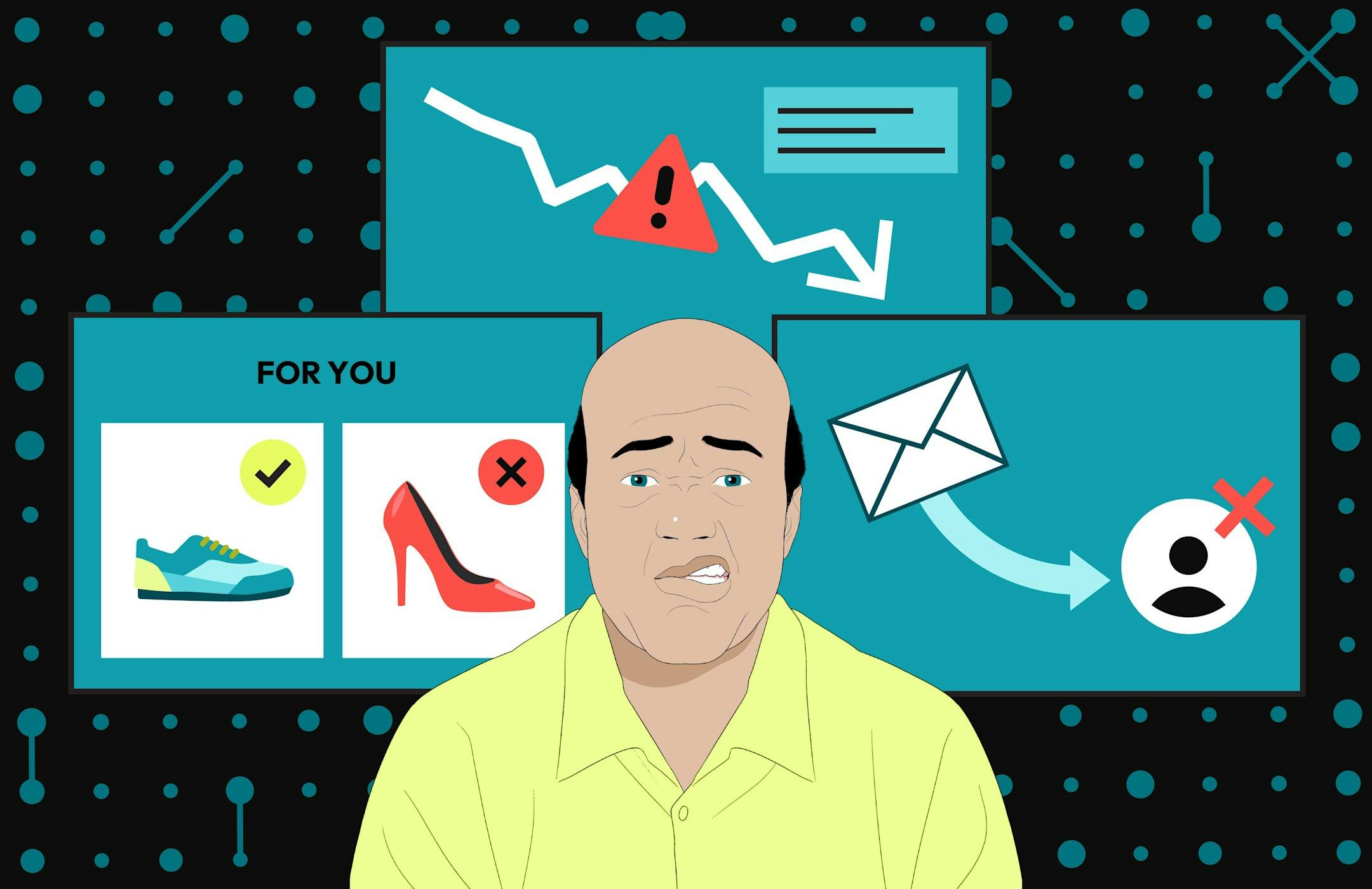 Man looking disgruntled against screens of a product recommendation, a chart going downwards, and email sends to the wrong person.