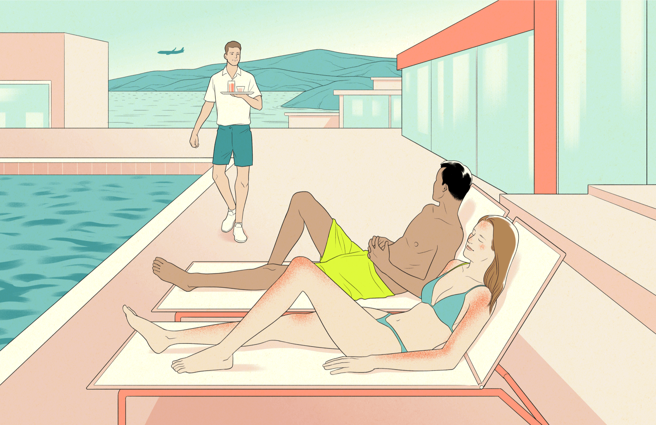 Colored lineart of a couple sunbathing by a hotel pool; in the background there's a mountain and a plane taking off