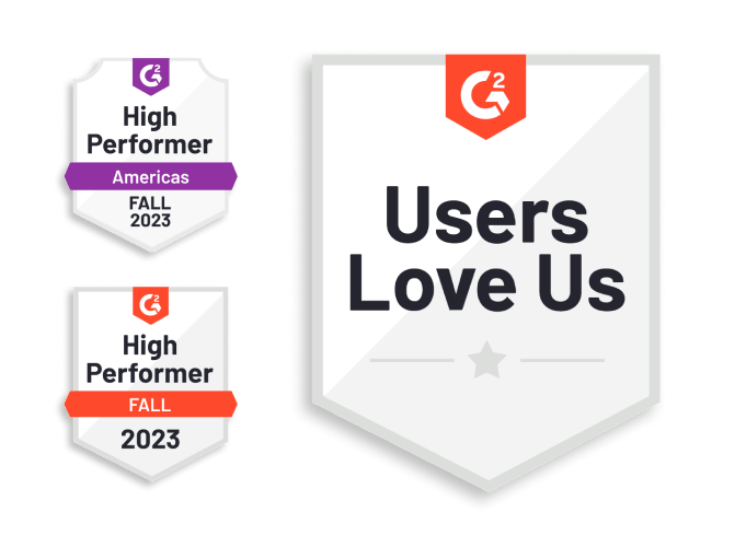 Three G2 Badges, including "High Performer Americas Fall 2023", "High Performer Fall 2023", and "Users Love Us"