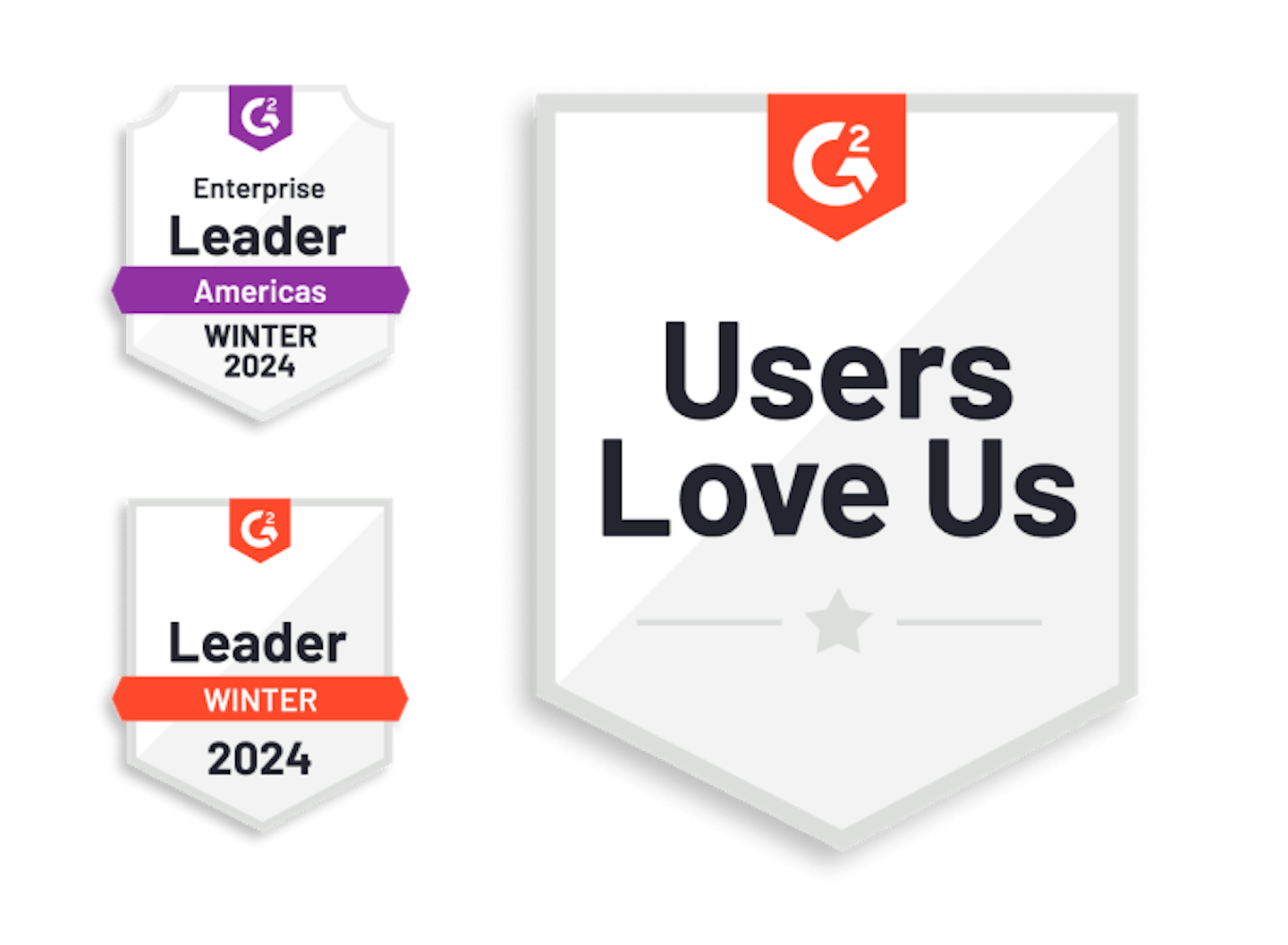 Three G2 Badges, including "Users Love Us", "Enterprise Leader Americas Winter 2024", and "Leader Winter 2024"