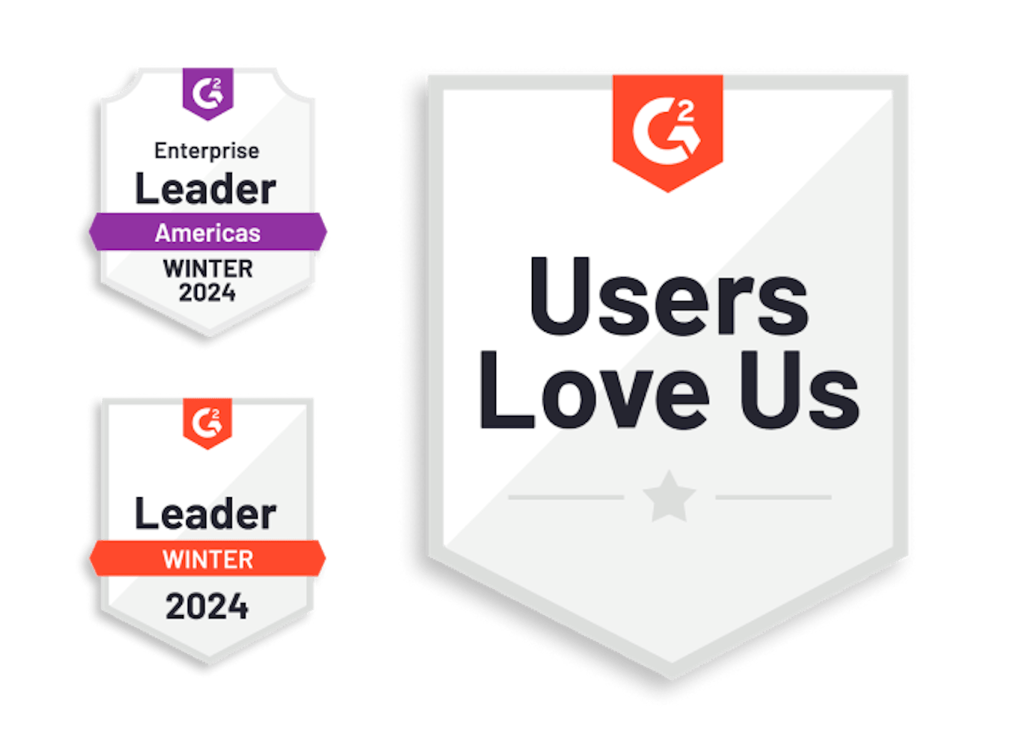 Three G2 Badges, including "Users Love Us", "Enterprise Leader Americas Winter 2024", and "Leader Winter 2024"